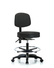 Rutledge Vinyl Stool with Back - Medium Bench Height with Chrome Foot Ring & Casters in Black Trailblazer Vinyl