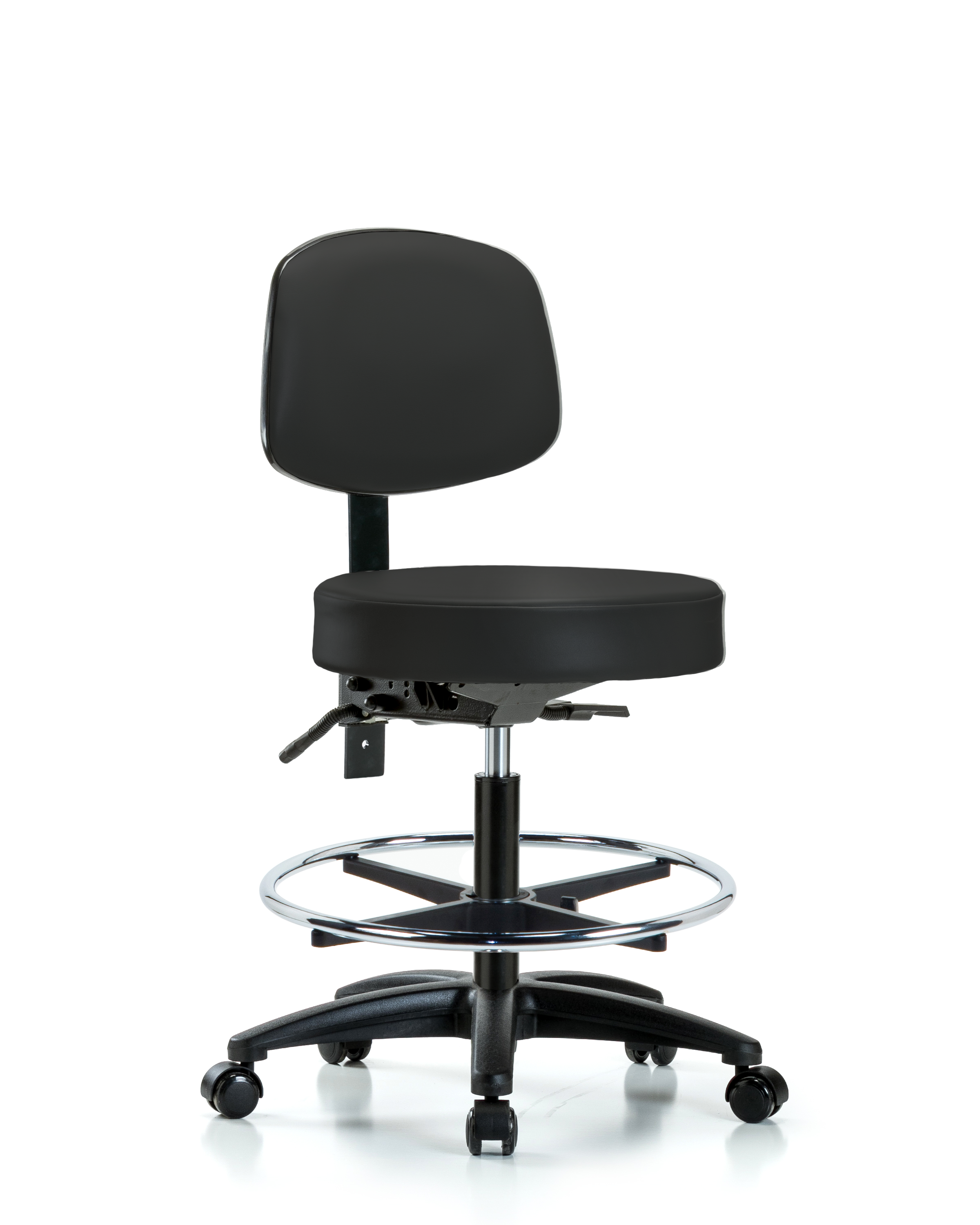 Rutledge Vinyl Stool with Back - Medium Bench Height with Chrome Foot Ring & Casters in Black Trailblazer Vinyl