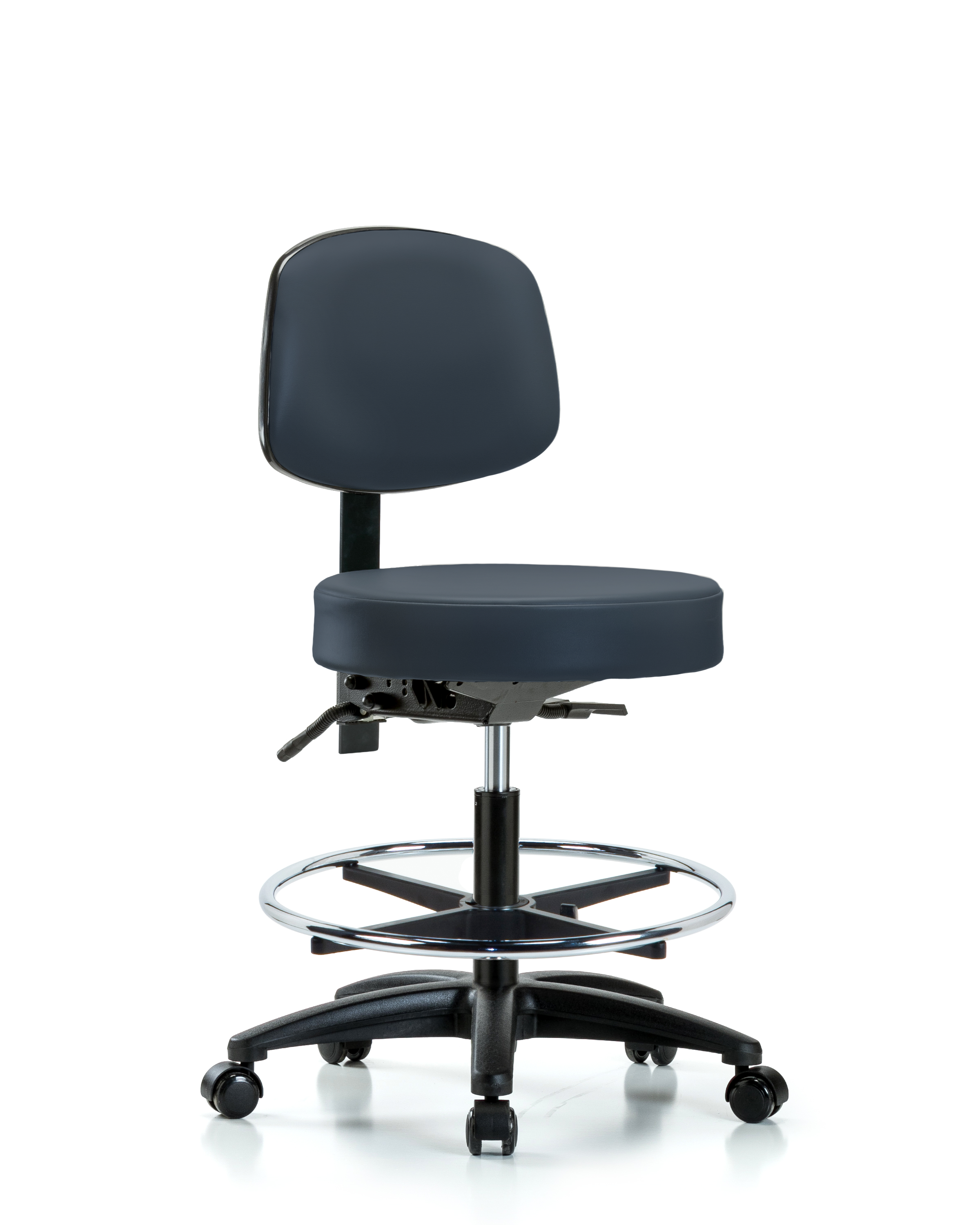 Rutledge Vinyl Stool with Back - Medium Bench Height with Chrome Foot Ring & Casters in Imperial Blue Trailblazer Vinyl