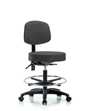 Rutledge Vinyl Stool with Back - Medium Bench Height with Chrome Foot Ring & Casters in Charcoal Trailblazer Vinyl
