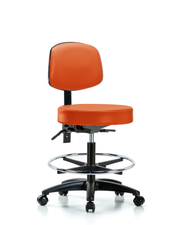 Rutledge Vinyl Stool with Back - Medium Bench Height with Chrome Foot Ring & Casters in Orange Kist Trailblazer Vinyl