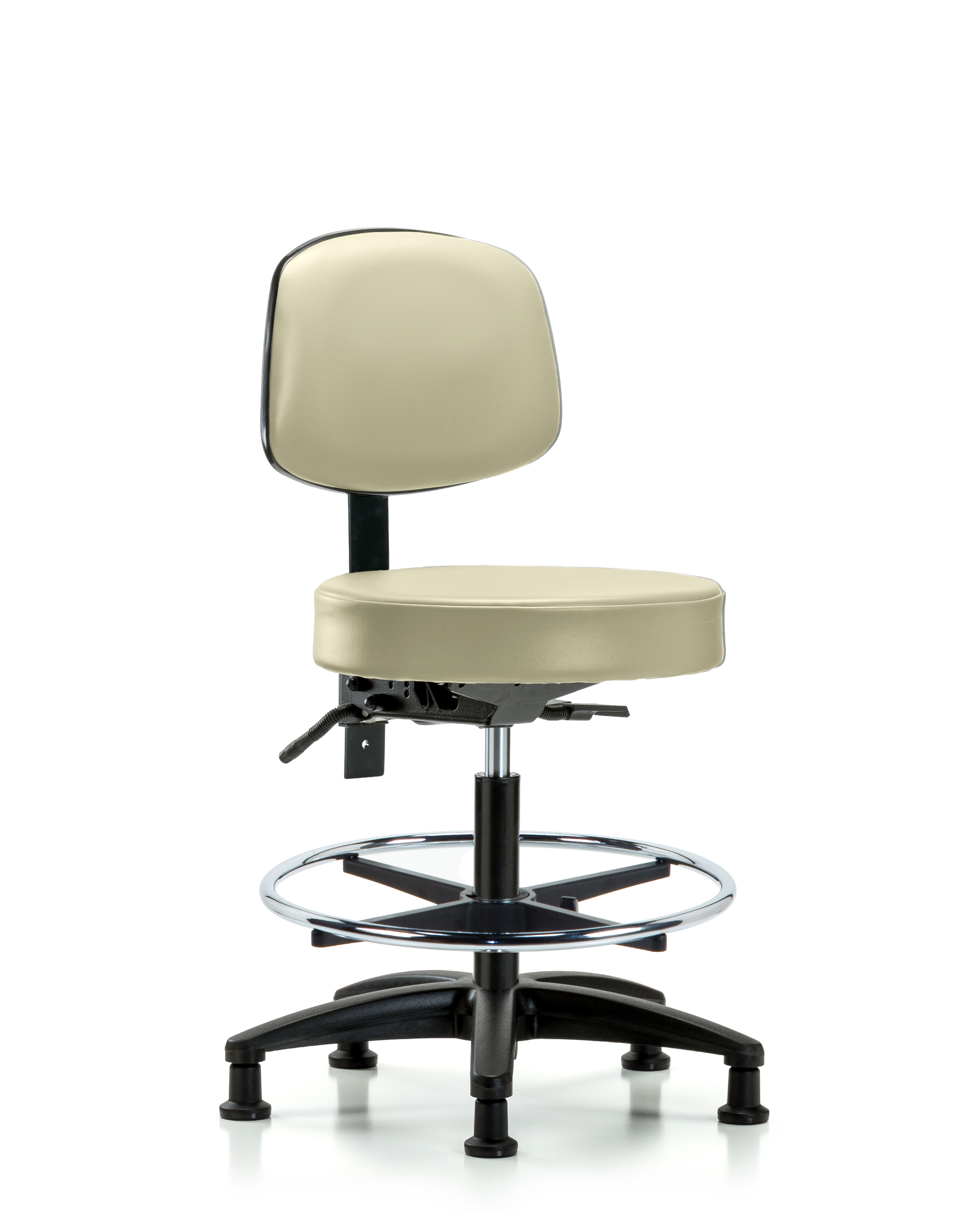 Rutledge Vinyl Stool with Back - Medium Bench Height with Chrome Foot Ring & Stationary Glides in Adobe White Trailblazer Vinyl