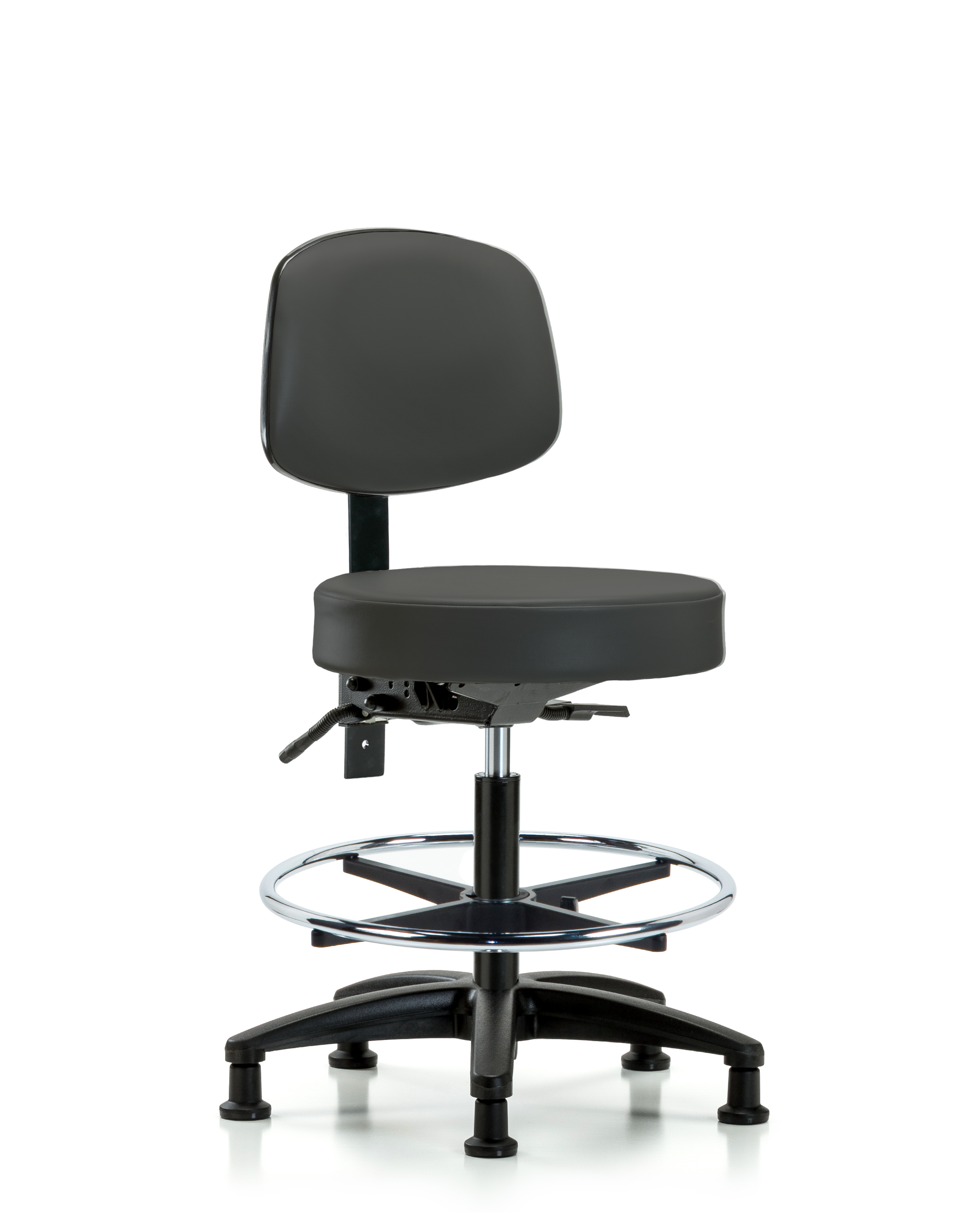 Rutledge Vinyl Stool with Back - Medium Bench Height with Chrome Foot Ring & Stationary Glides in Charcoal Trailblazer Vinyl