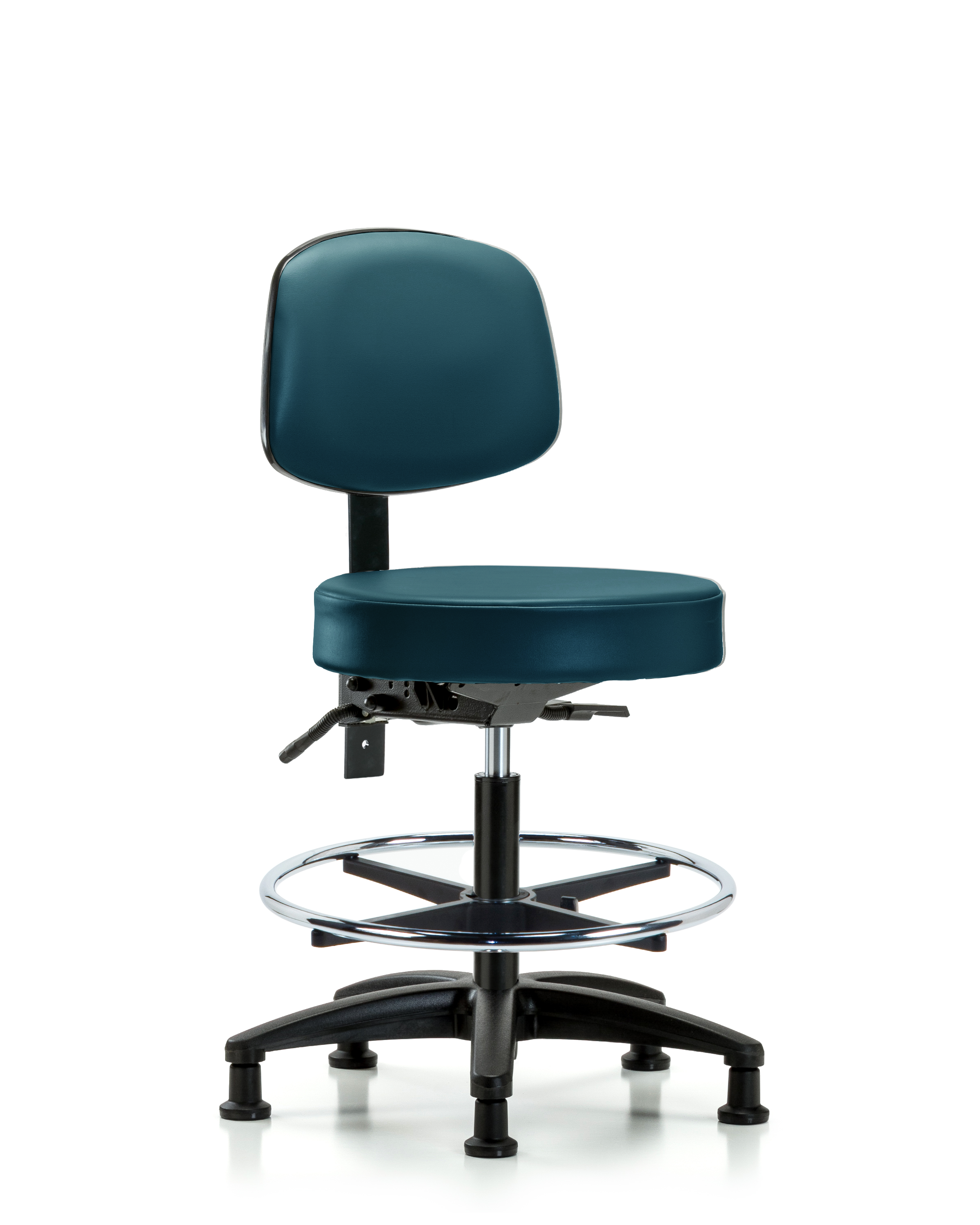 Rutledge Vinyl Stool with Back - Medium Bench Height with Chrome Foot Ring & Stationary Glides in Marine Blue Supernova Vinyl