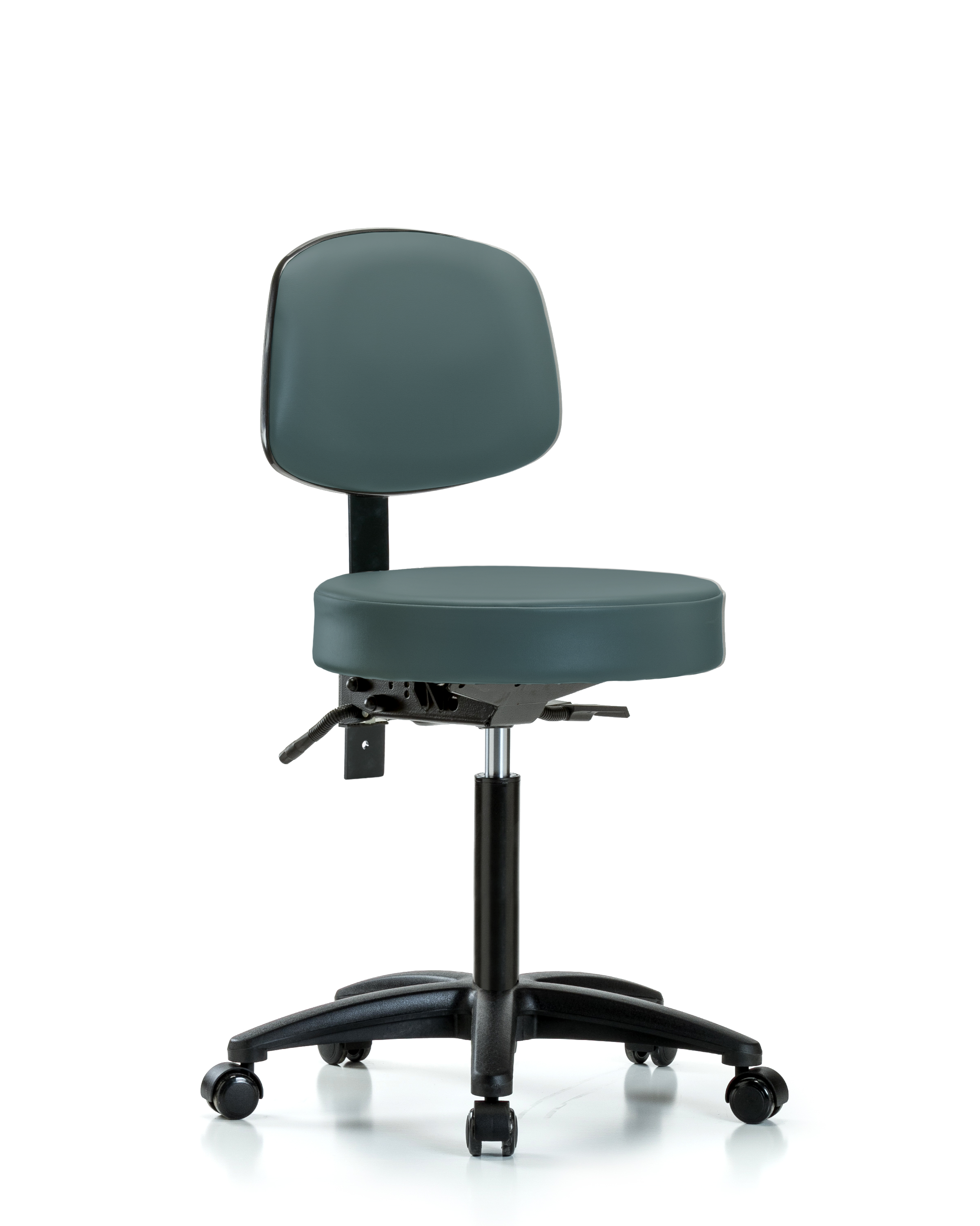 Rutledge Vinyl Stool with Back - Medium Bench Height with Casters in Colonial Blue Trailblazer Vinyl