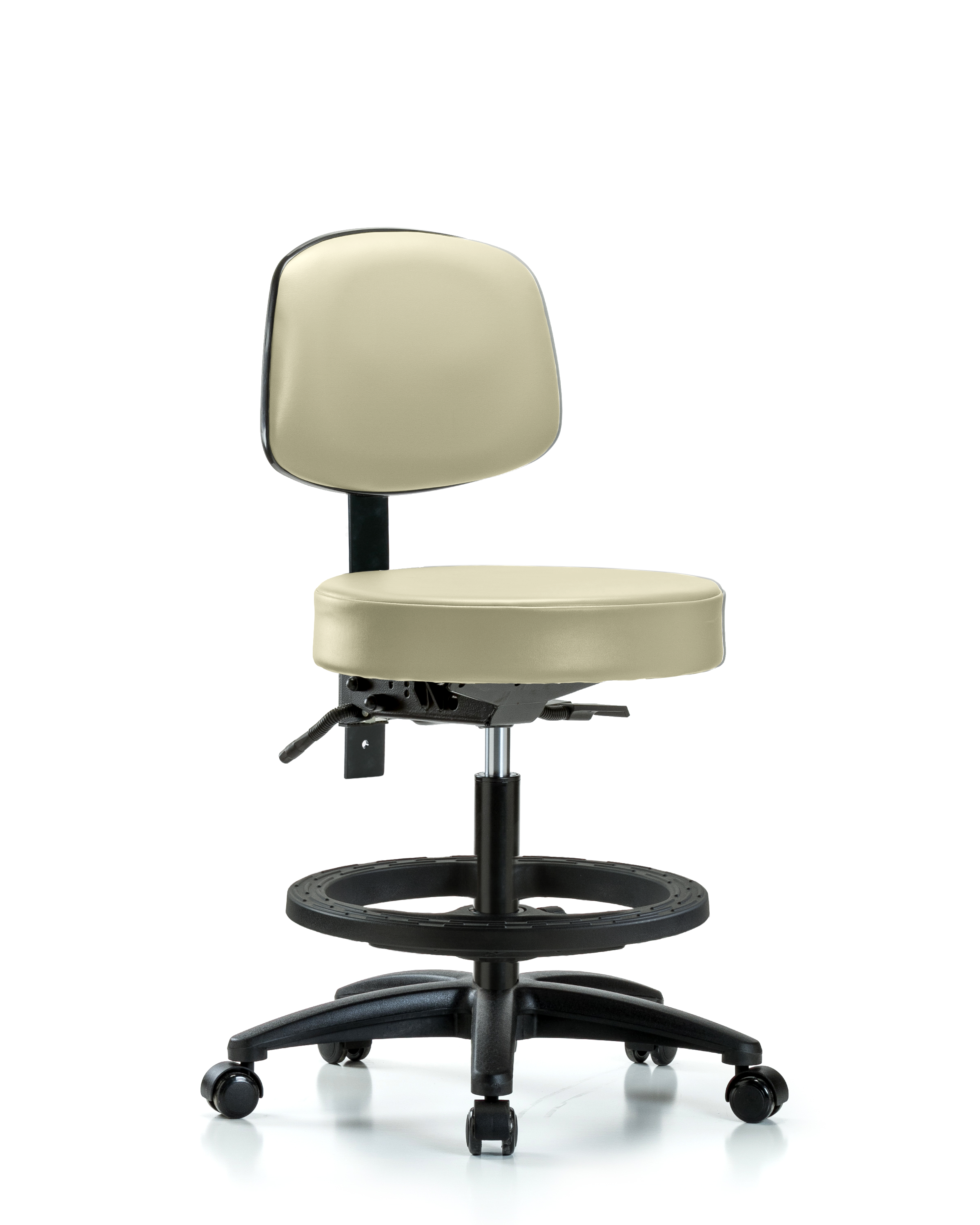 Rutledge Vinyl Stool with Back - Medium Bench Height with Seat Tilt, Black Foot Ring, & Casters in Adobe White Trailblazer Vinyl