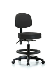 Rutledge Vinyl Stool with Back - Medium Bench Height with Seat Tilt, Black Foot Ring, & Casters in Black Trailblazer Vinyl
