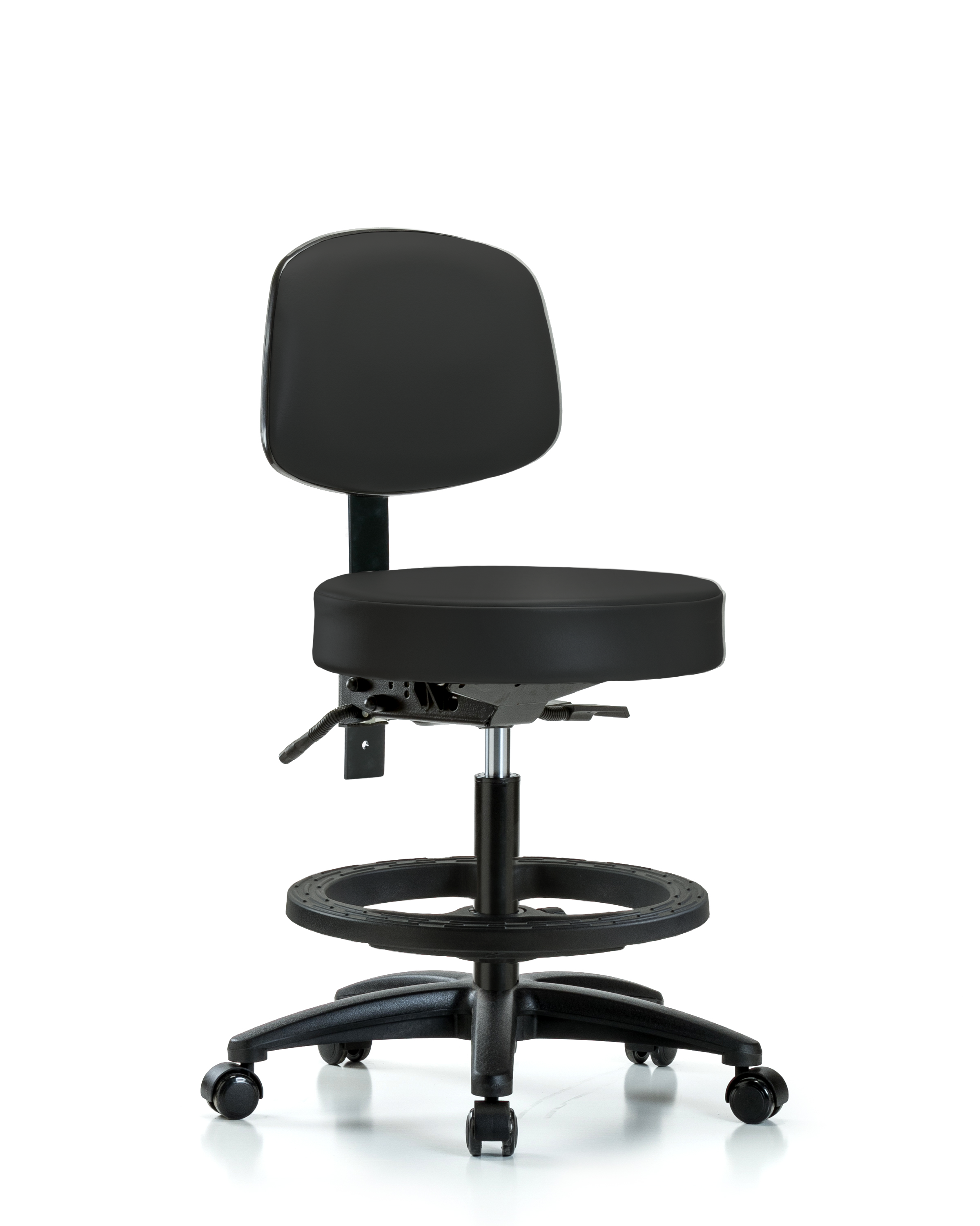 Rutledge Vinyl Stool with Back - Medium Bench Height with Seat Tilt, Black Foot Ring, & Casters in Black Trailblazer Vinyl
