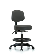 Rutledge Vinyl Stool with Back - Medium Bench Height with Seat Tilt, Black Foot Ring, & Casters in Charcoal Trailblazer Vinyl