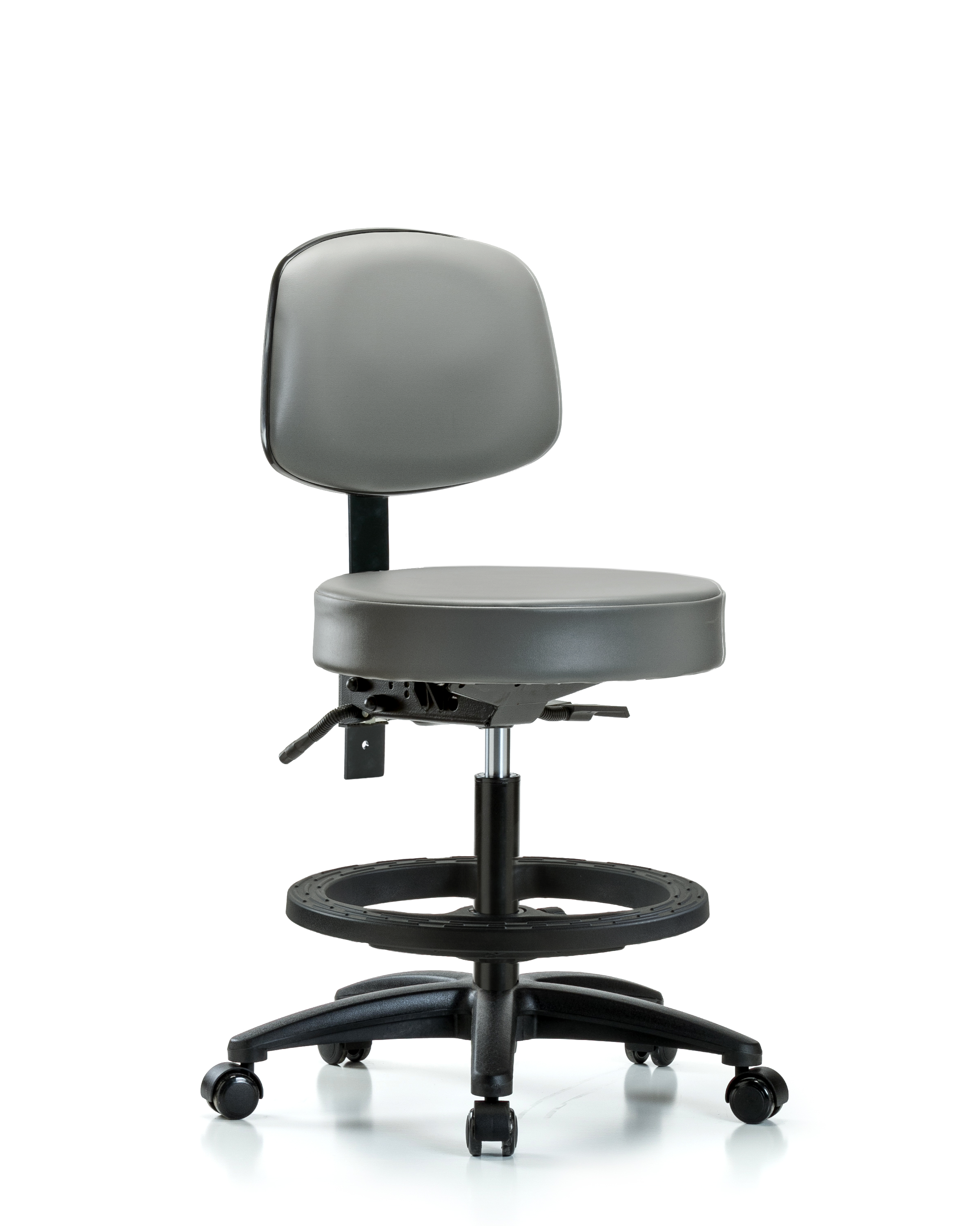 Rutledge Vinyl Stool with Back - Medium Bench Height with Seat Tilt, Black Foot Ring, & Casters in Sterling Supernova Vinyl