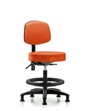 Rutledge Vinyl Stool with Back - Medium Bench Height with Seat Tilt, Black Foot Ring, & Stationary Glides in Orange Kist Trailblazer Vinyl