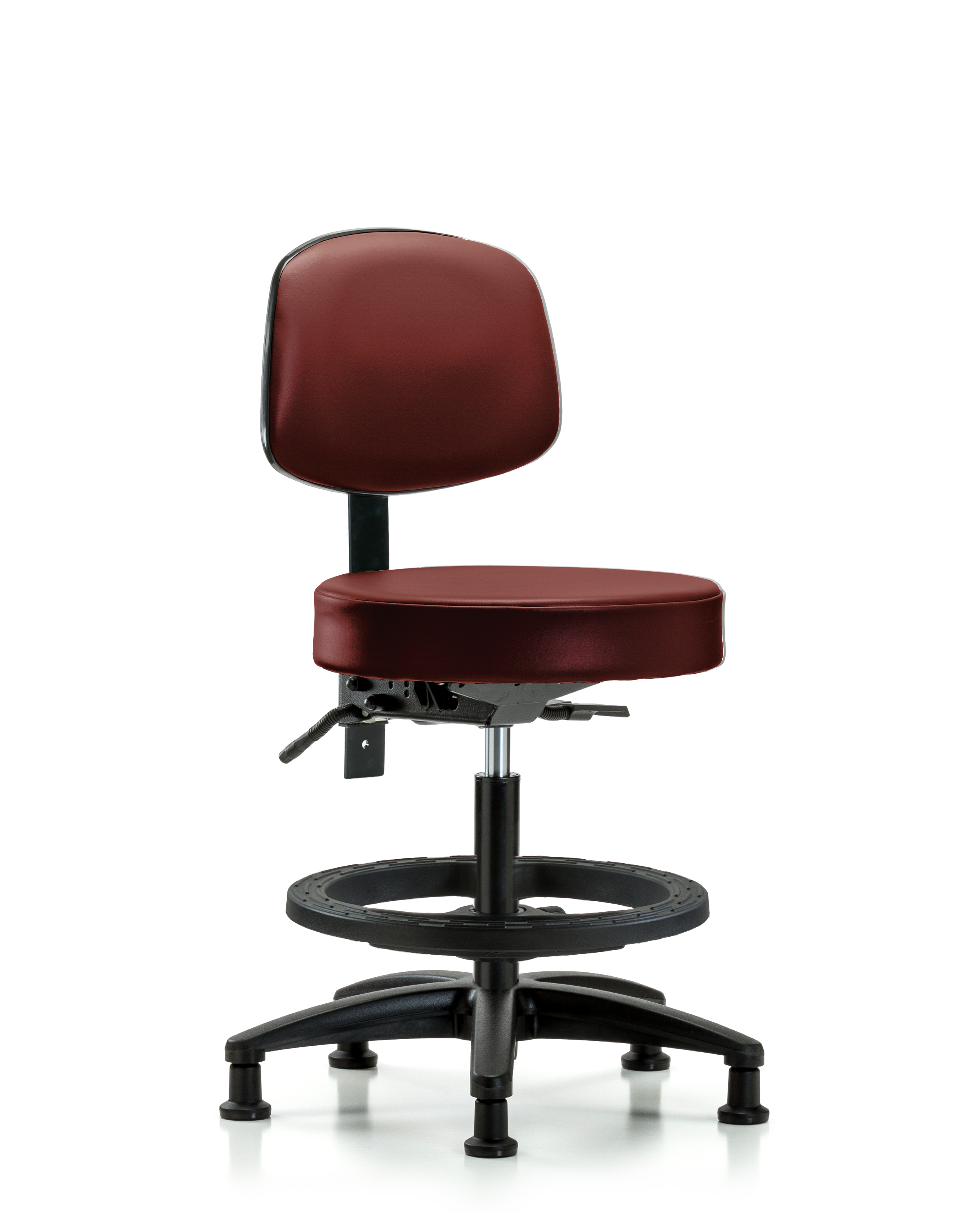 Rutledge Vinyl Stool with Back - Medium Bench Height with Seat Tilt, Black Foot Ring, & Stationary Glides in Borscht Supernova Vinyl