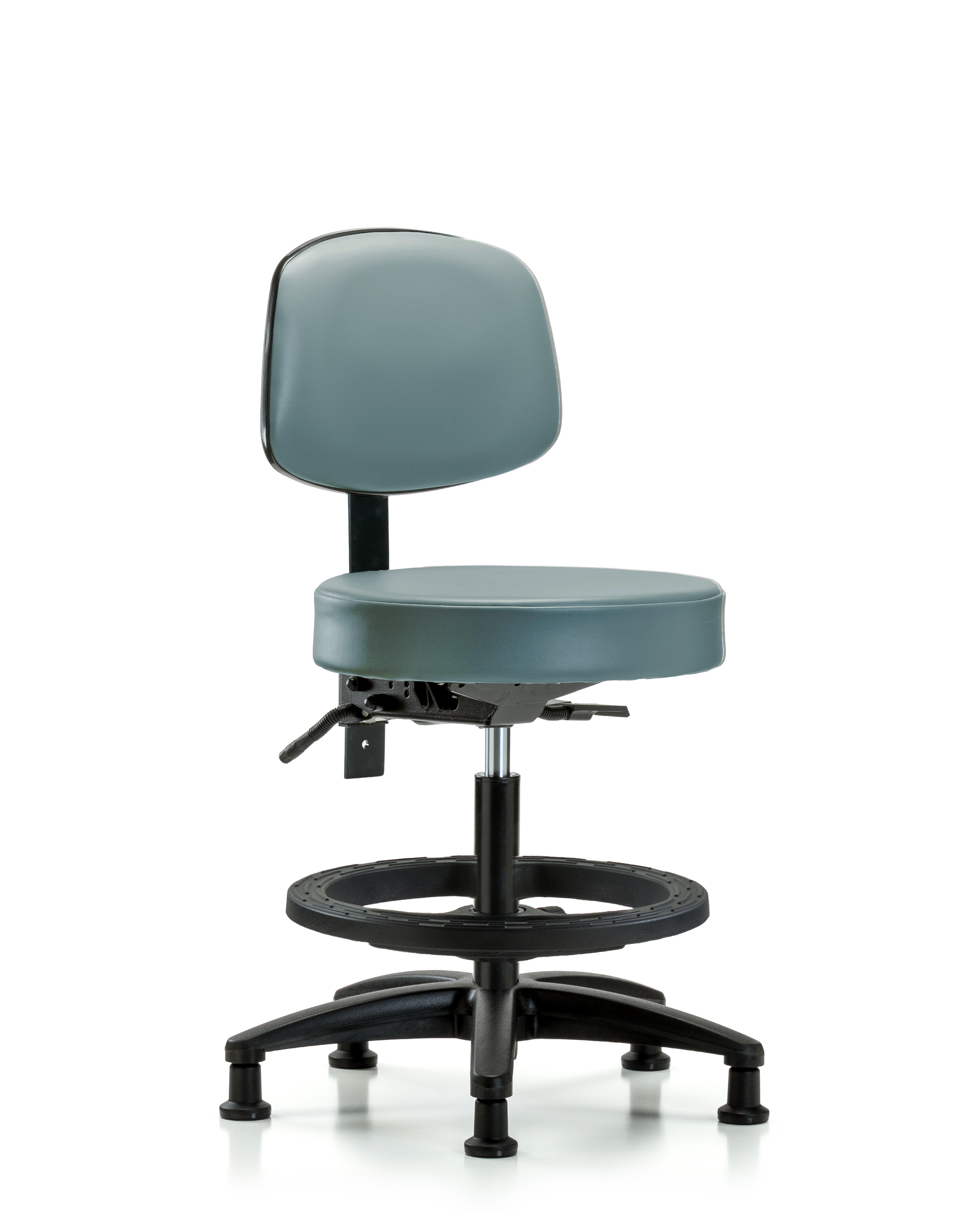 Rutledge Vinyl Stool with Back - Medium Bench Height with Seat Tilt, Black Foot Ring, & Stationary Glides in Storm Supernova Vinyl