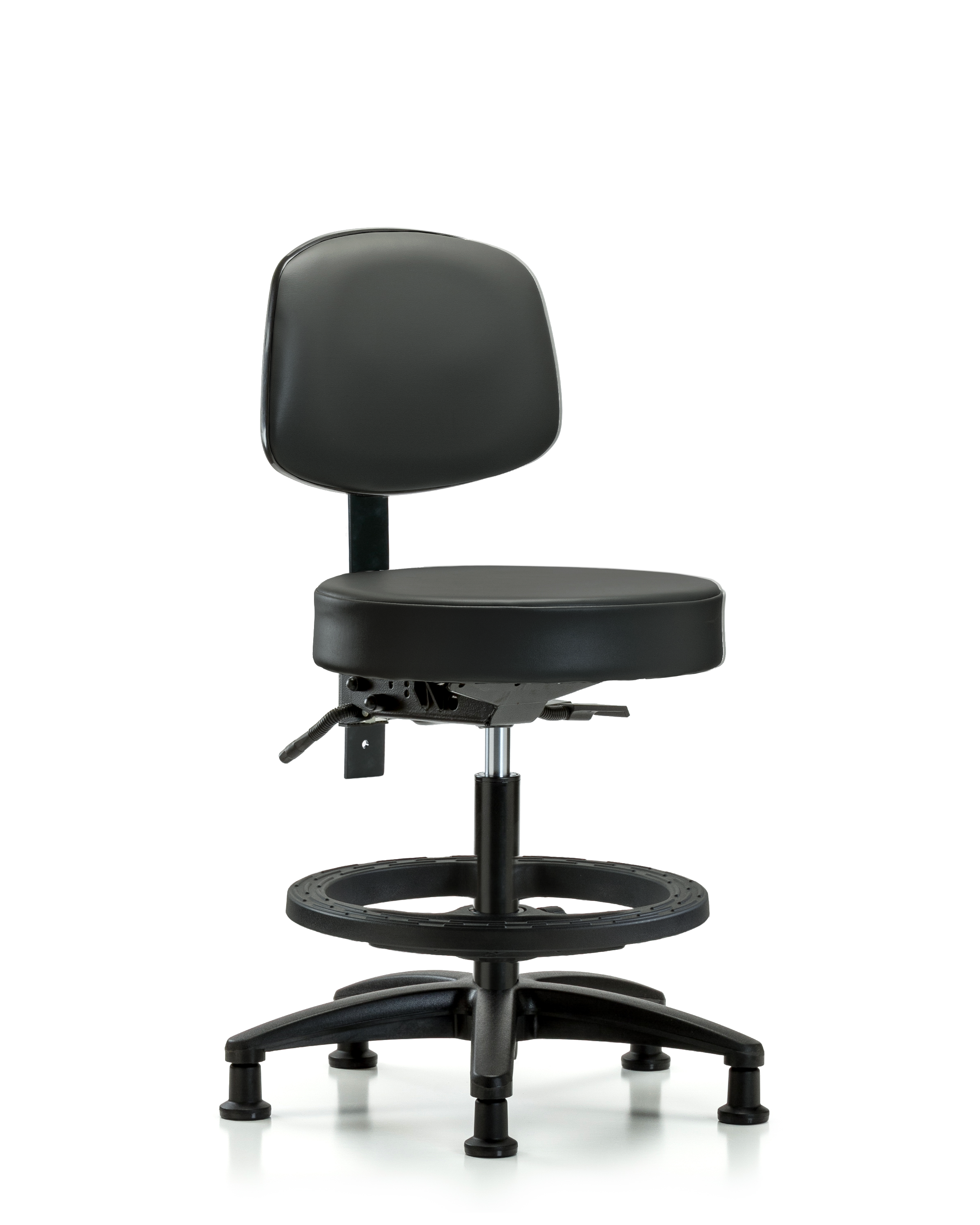 Rutledge Vinyl Stool with Back - Medium Bench Height with Seat Tilt, Black Foot Ring, & Stationary Glides in Carbon Supernova Vinyl