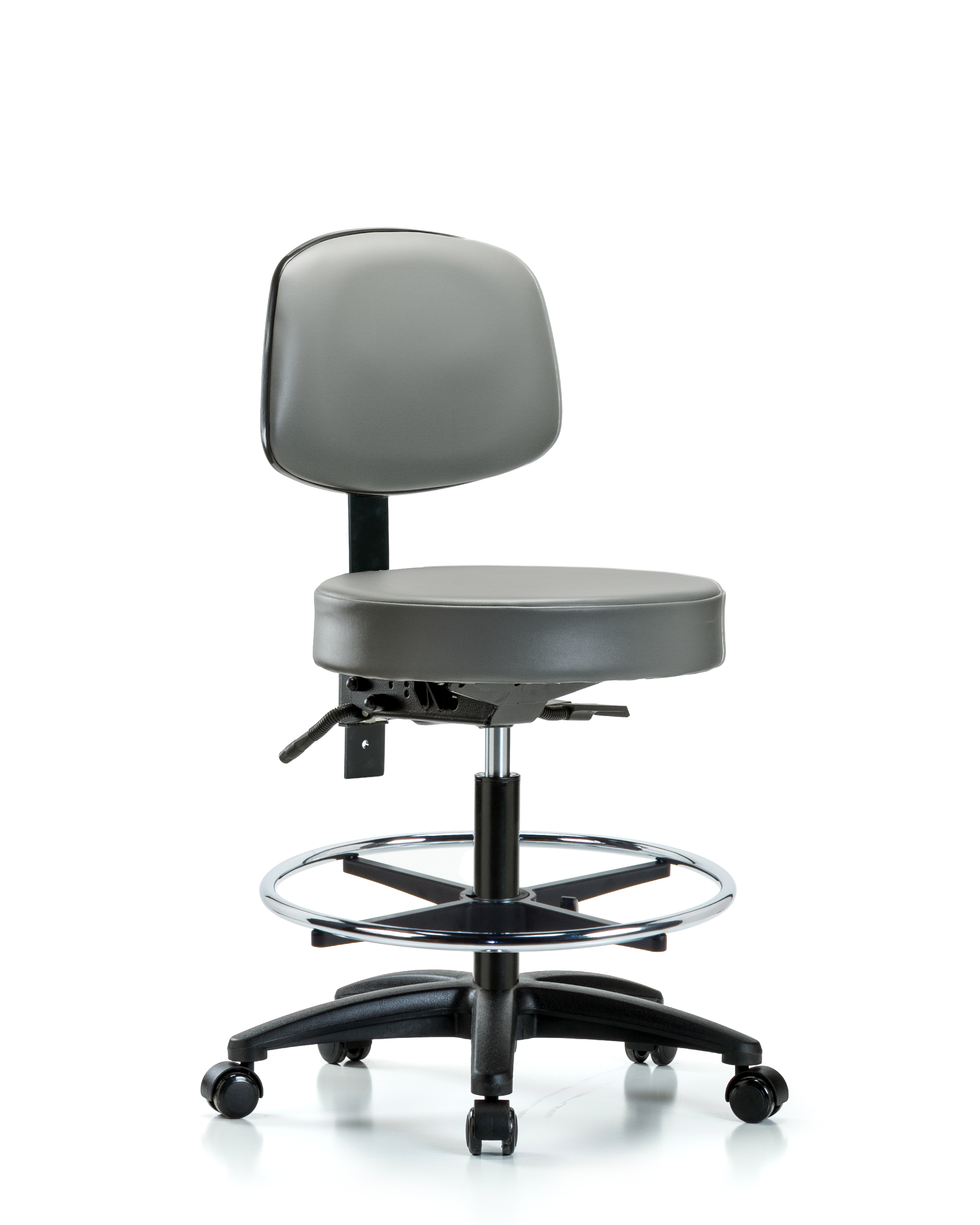 Rutledge Vinyl Stool with Back - Medium Bench Height with Seat Tilt, Chrome Foot Ring, & Casters in Sterling Supernova Vinyl