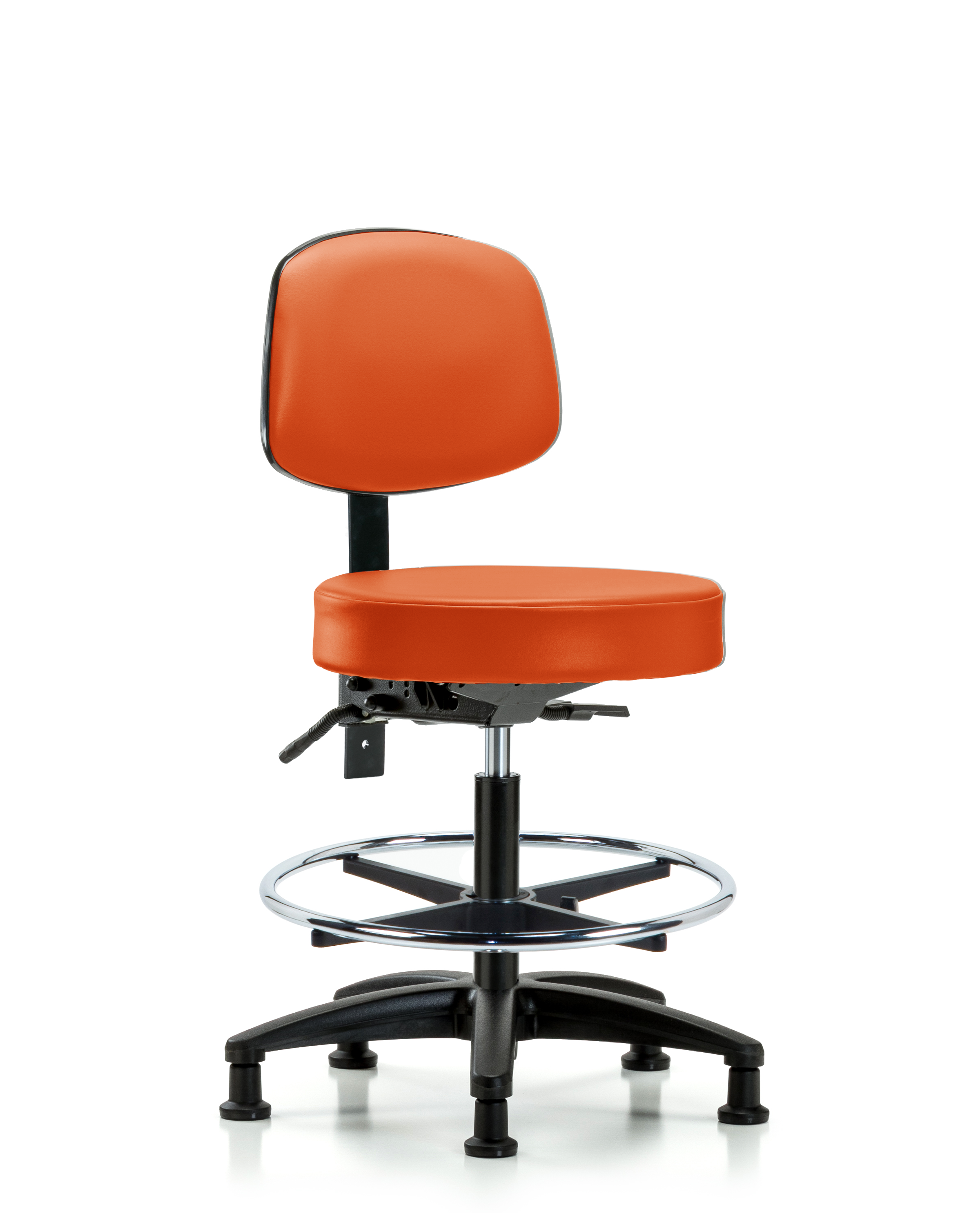 Rutledge Vinyl Stool with Back - Medium Bench Height with Seat Tilt, Chrome Foot Ring, & Stationary Glides in Orange Kist Trailblazer Vinyl