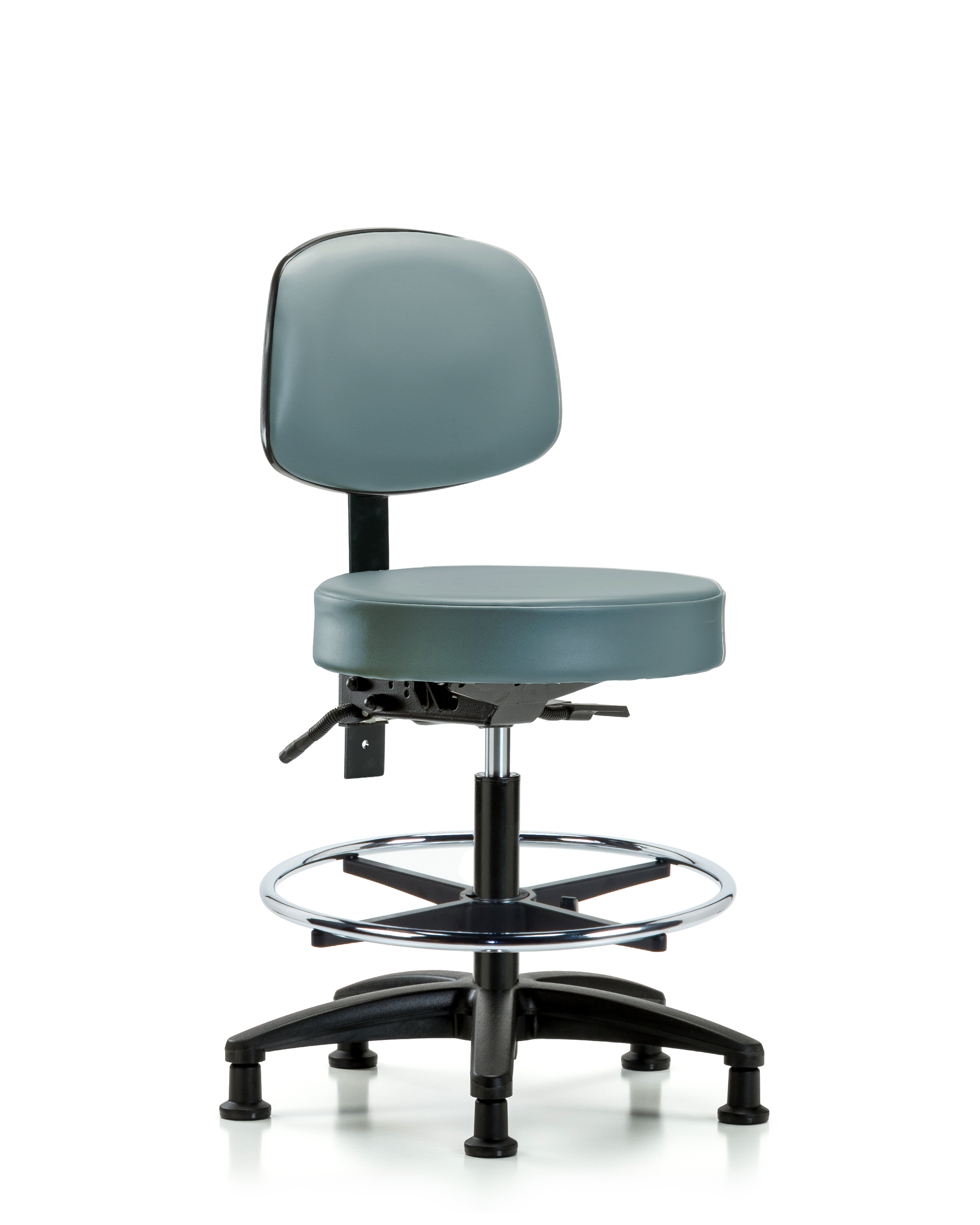 Rutledge Vinyl Stool with Back - Medium Bench Height with Seat Tilt, Chrome Foot Ring, & Stationary Glides in Storm Supernova Vinyl