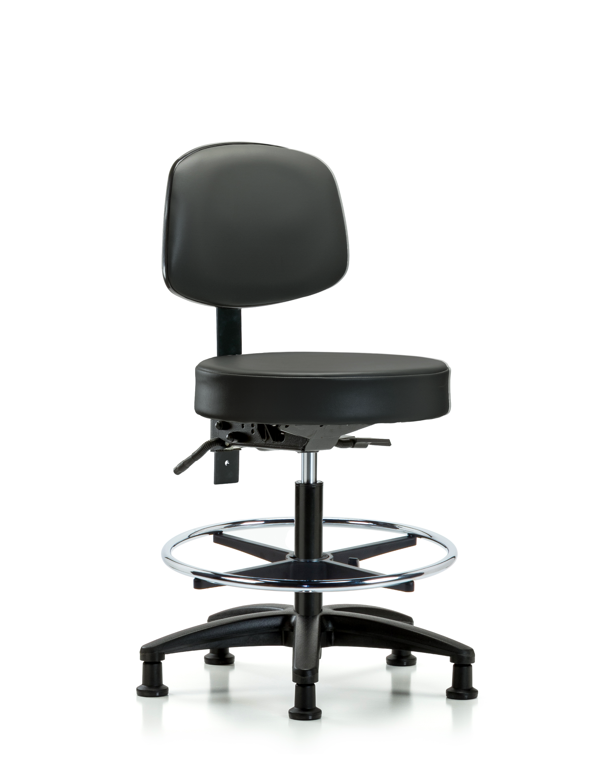 Rutledge Vinyl Stool with Back - Medium Bench Height with Seat Tilt, Chrome Foot Ring, & Stationary Glides in Carbon Supernova Vinyl