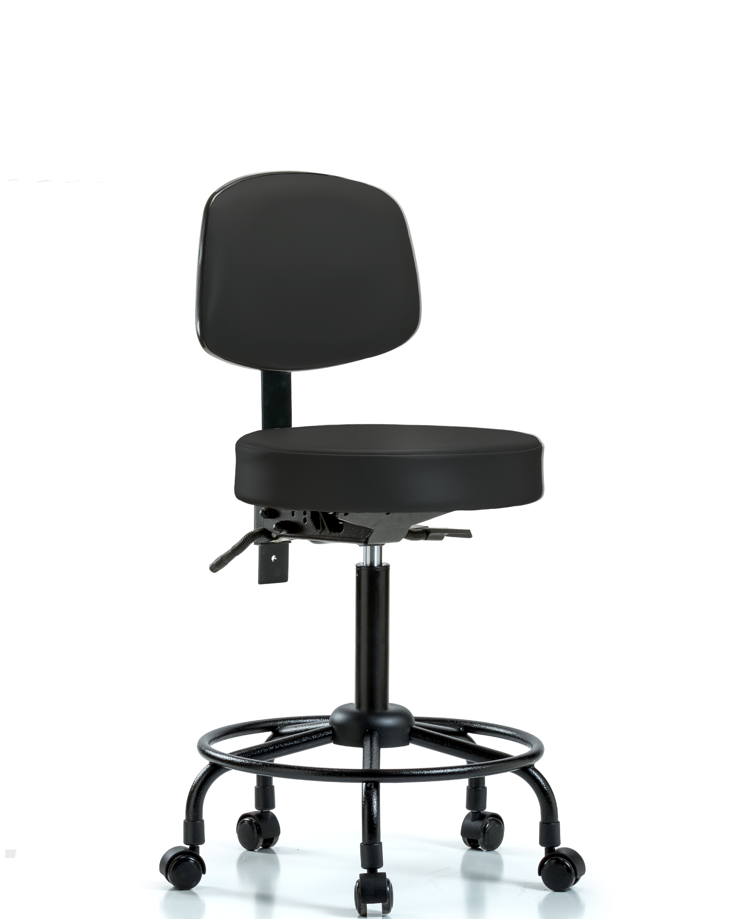 Rutledge Vinyl Stool with Back - Medium Bench Height with Round Tube Base & Casters in Black Trailblazer Vinyl