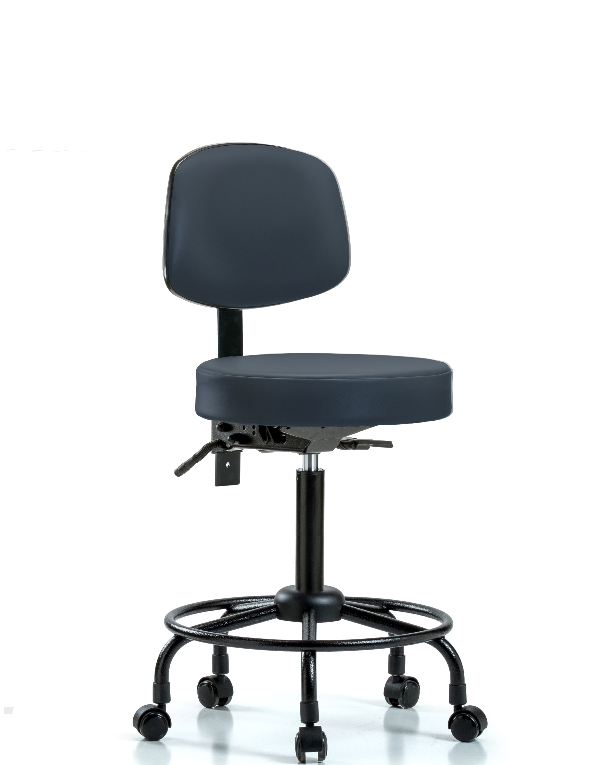 Rutledge Vinyl Stool with Back - Medium Bench Height with Round Tube Base & Casters in Imperial Blue Trailblazer Vinyl