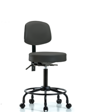 Rutledge Vinyl Stool with Back - Medium Bench Height with Round Tube Base & Casters in Charcoal Trailblazer Vinyl