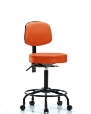 Rutledge Vinyl Stool with Back - Medium Bench Height with Round Tube Base & Casters in Orange Kist Trailblazer Vinyl