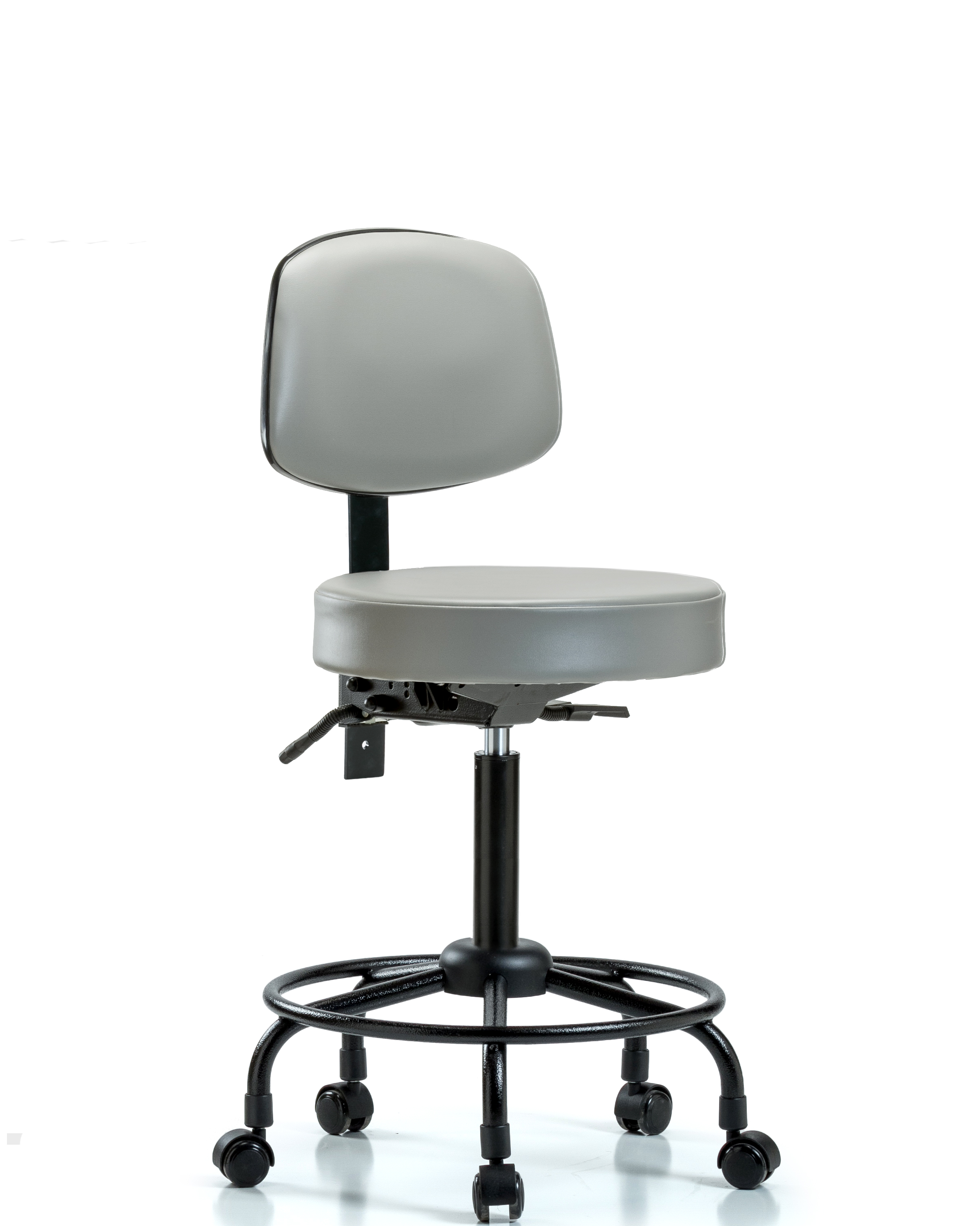 Rutledge Vinyl Stool with Back - Medium Bench Height with Round Tube Base, Seat Tilt, & Casters in Dove Trailblazer Vinyl