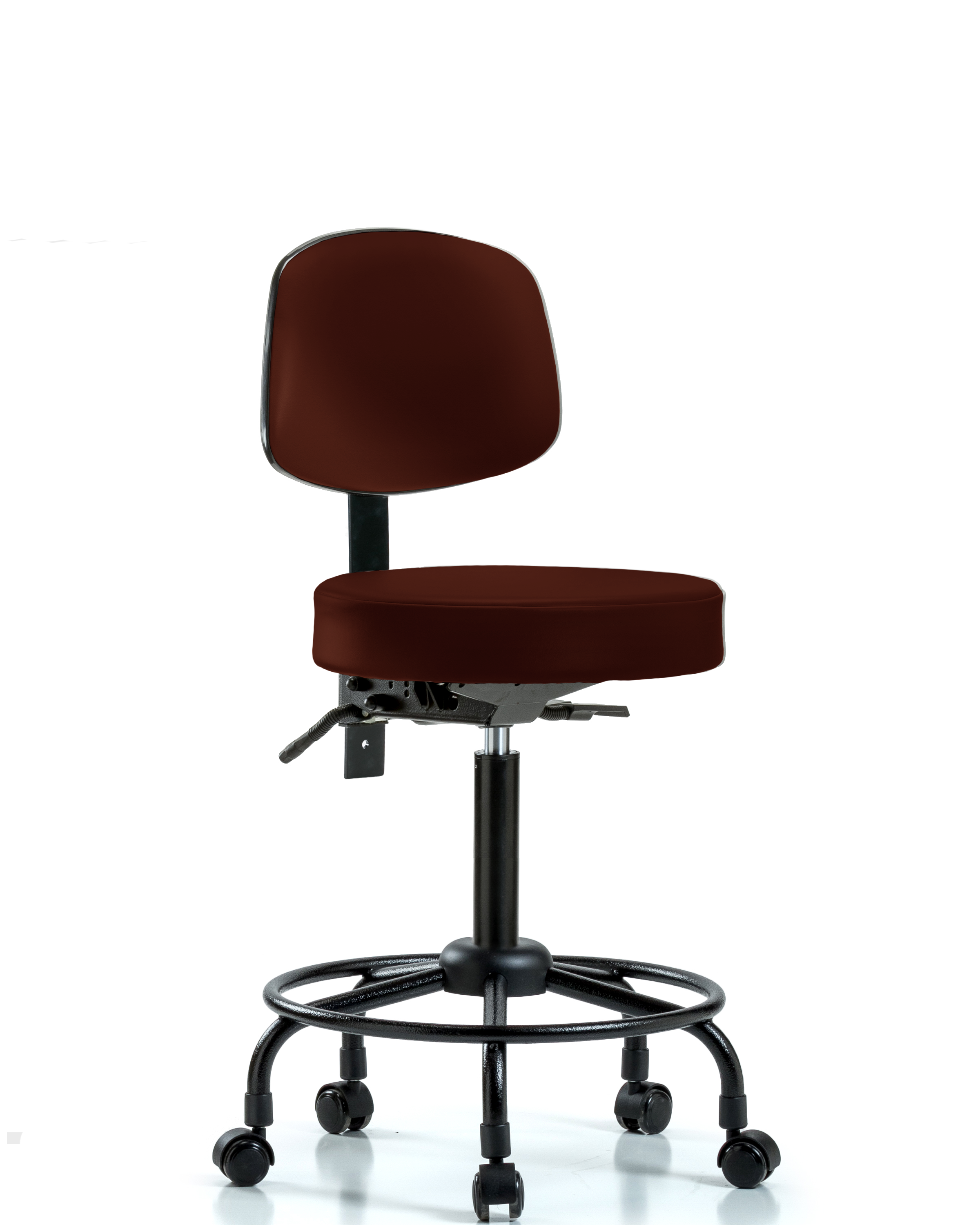 Rutledge Vinyl Stool with Back - Medium Bench Height with Round Tube Base, Seat Tilt, & Casters in Burgundy Trailblazer Vinyl