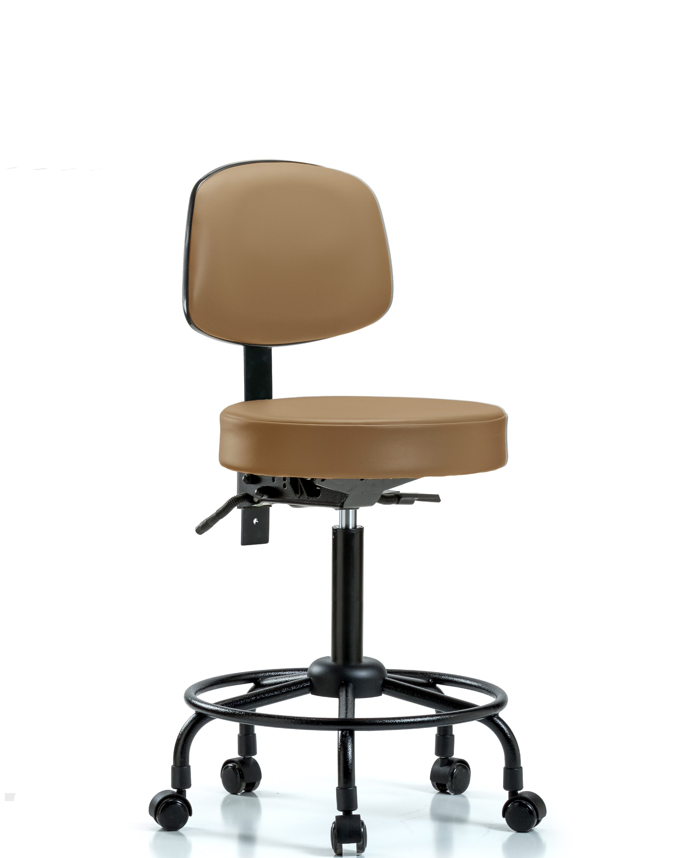 Rutledge Vinyl Stool with Back - Medium Bench Height with Round Tube Base, Seat Tilt, & Casters in Taupe Trailblazer Vinyl