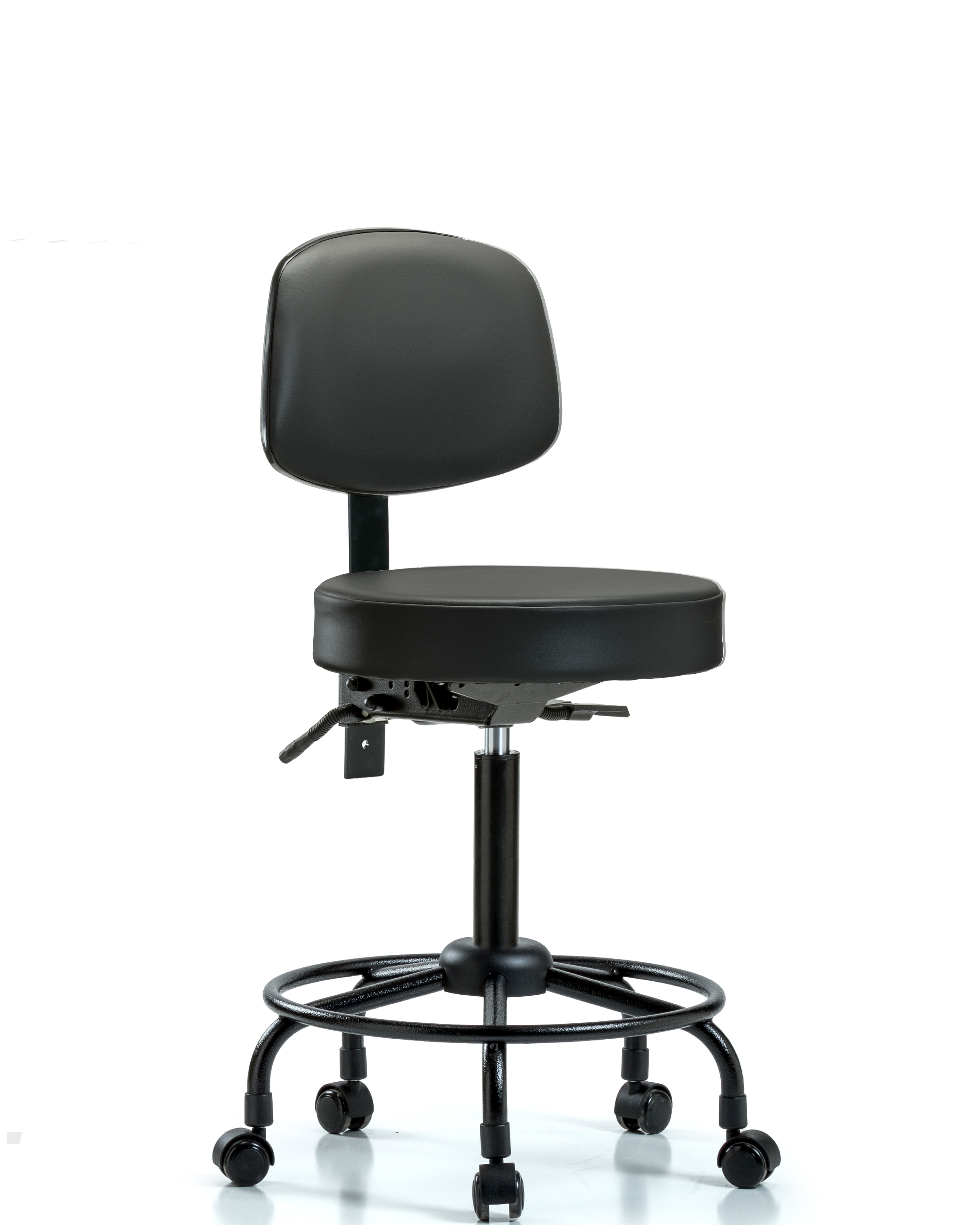 Rutledge Vinyl Stool with Back - Medium Bench Height with Round Tube Base, Seat Tilt, & Casters in Carbon Supernova Vinyl