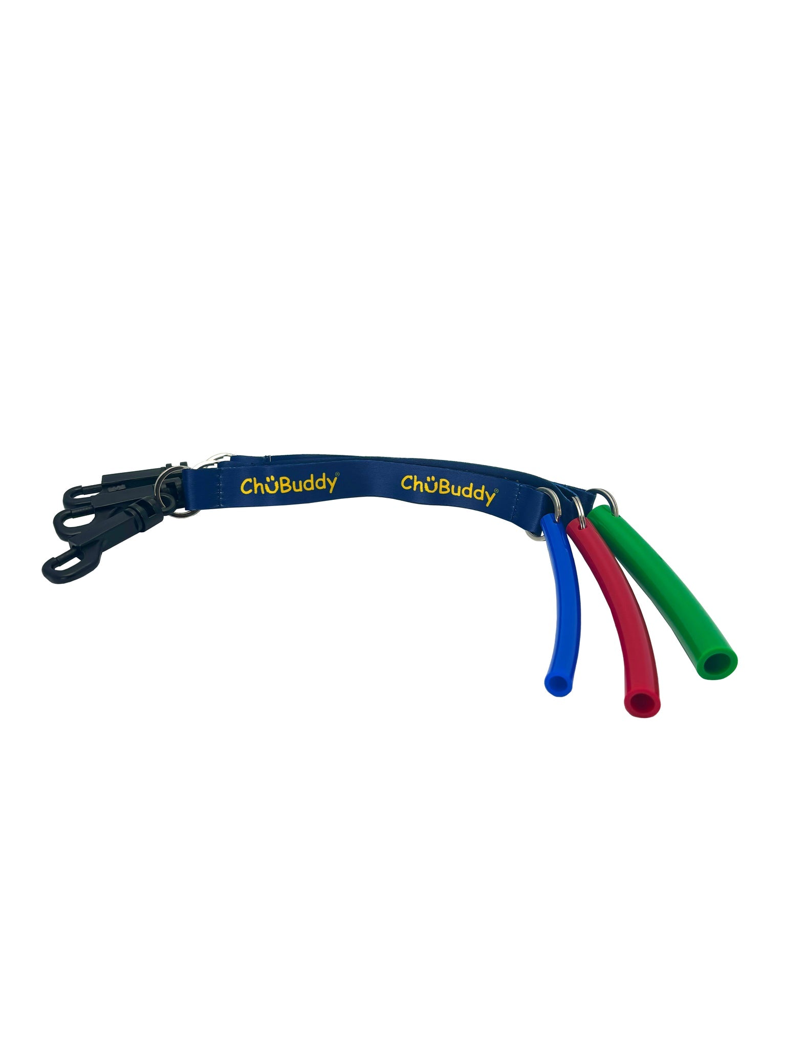 Special Needs Sensory Toy - 3/8" Slim Red Tube, 1/2" Strong Green Tube, 9/16" Big Blue Tube on 8" Navy Lanyard