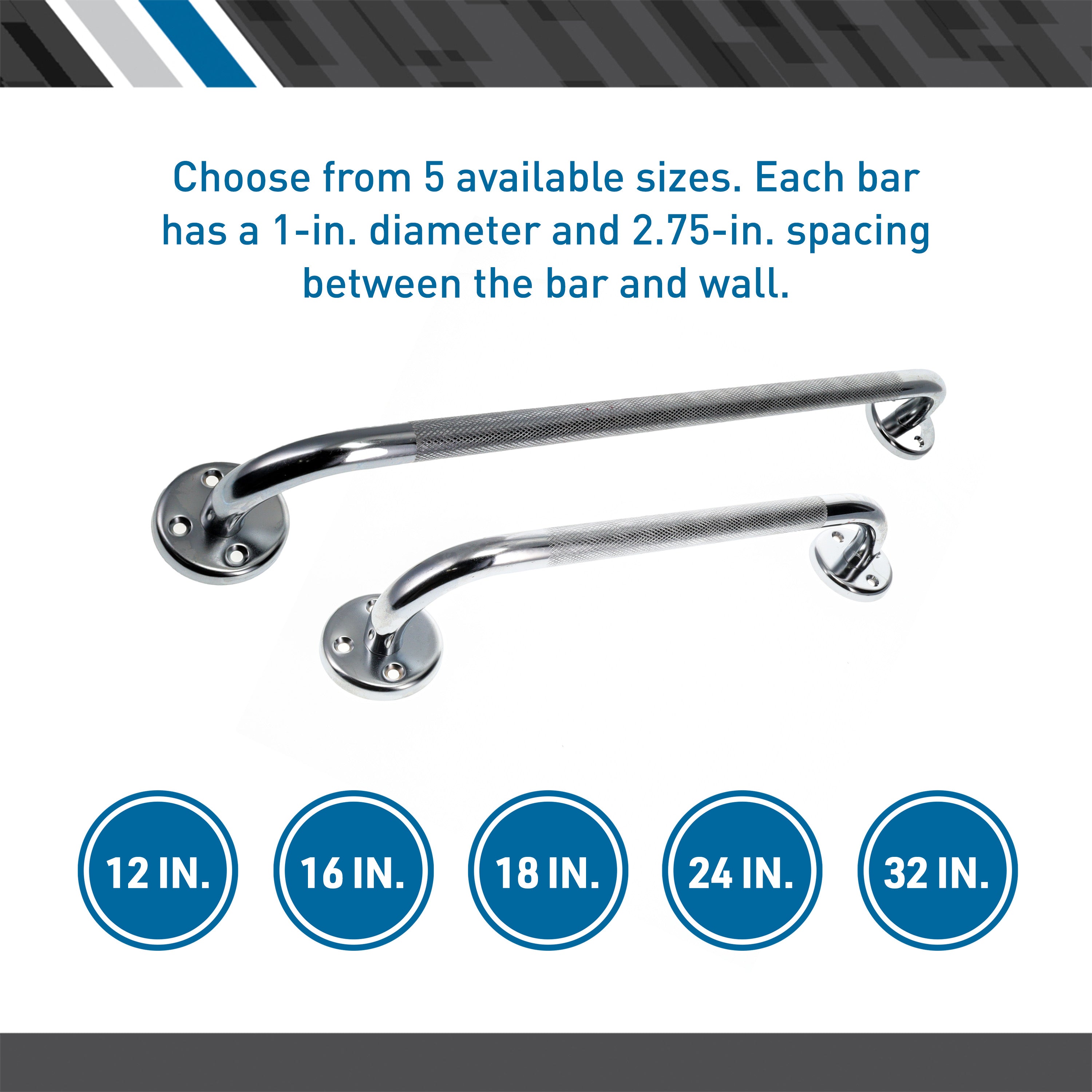 Steel Grab Bar, Chrome Plated, 1" Diameter, 12"