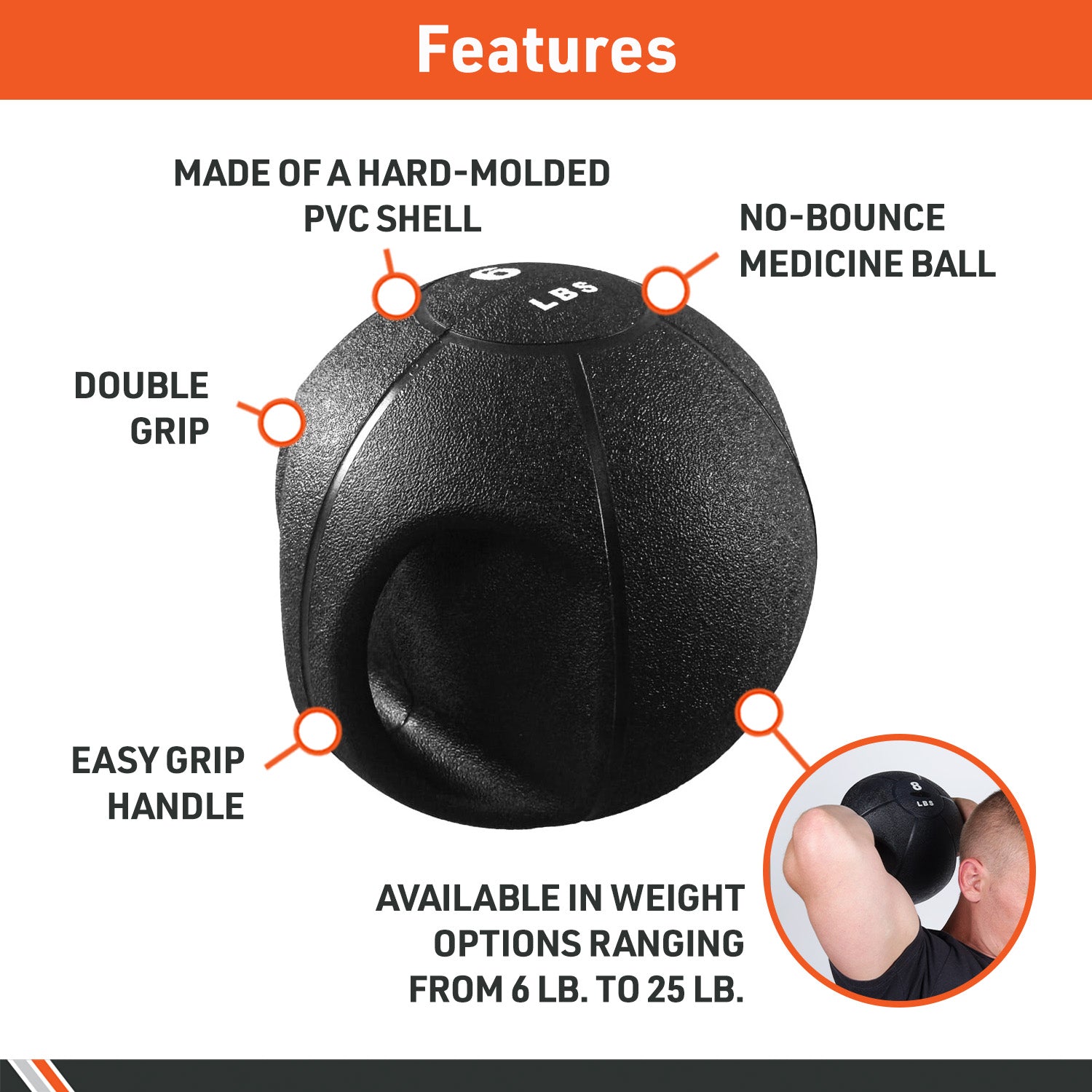 Body Sport Medicine Ball, Double Grip, Black, 6Lb