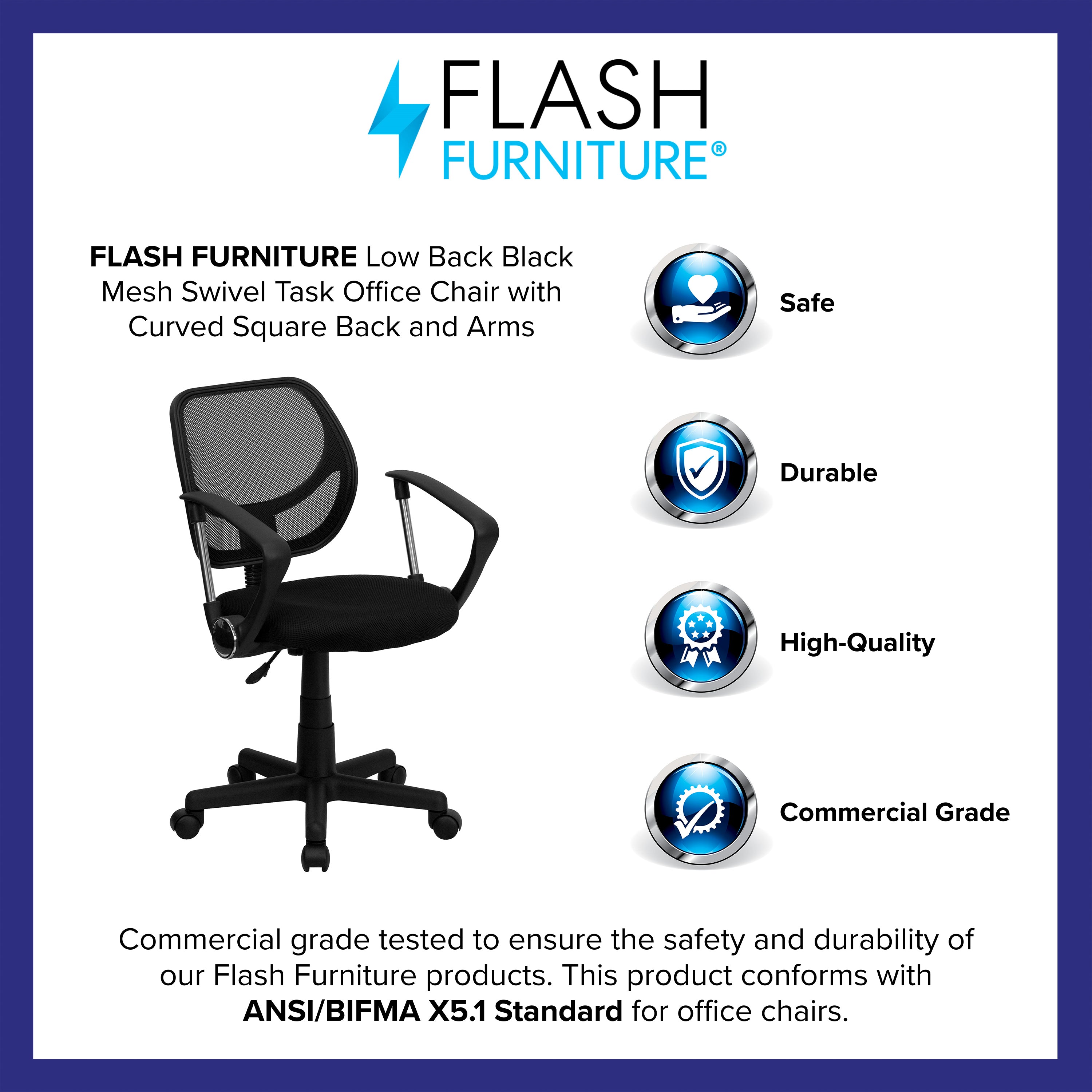 Neri Low Back Black Mesh Swivel Task Office Chair with Curved Square Back and Arms