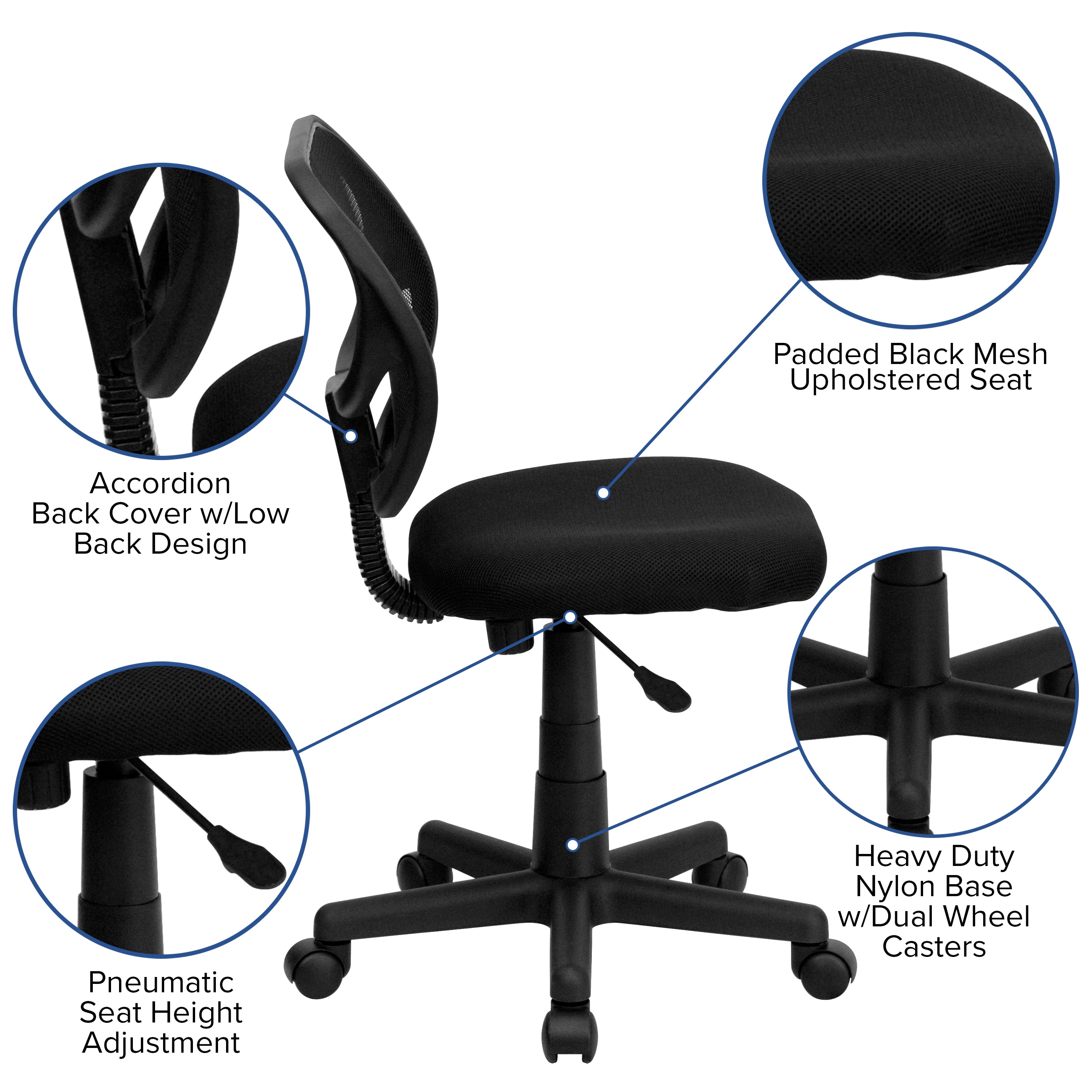 Neri Low Back Black Mesh Swivel Task Office Chair with Curved Square Back