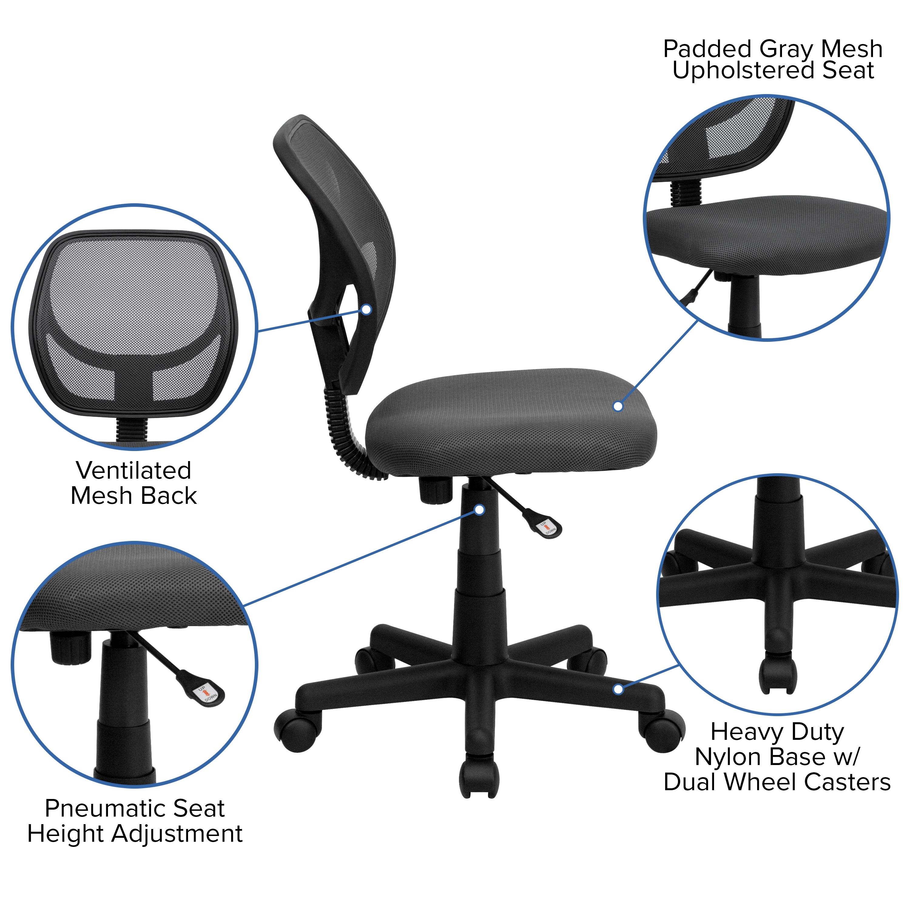 Neri Low Back Gray Mesh Swivel Task Office Chair with Curved Square Back