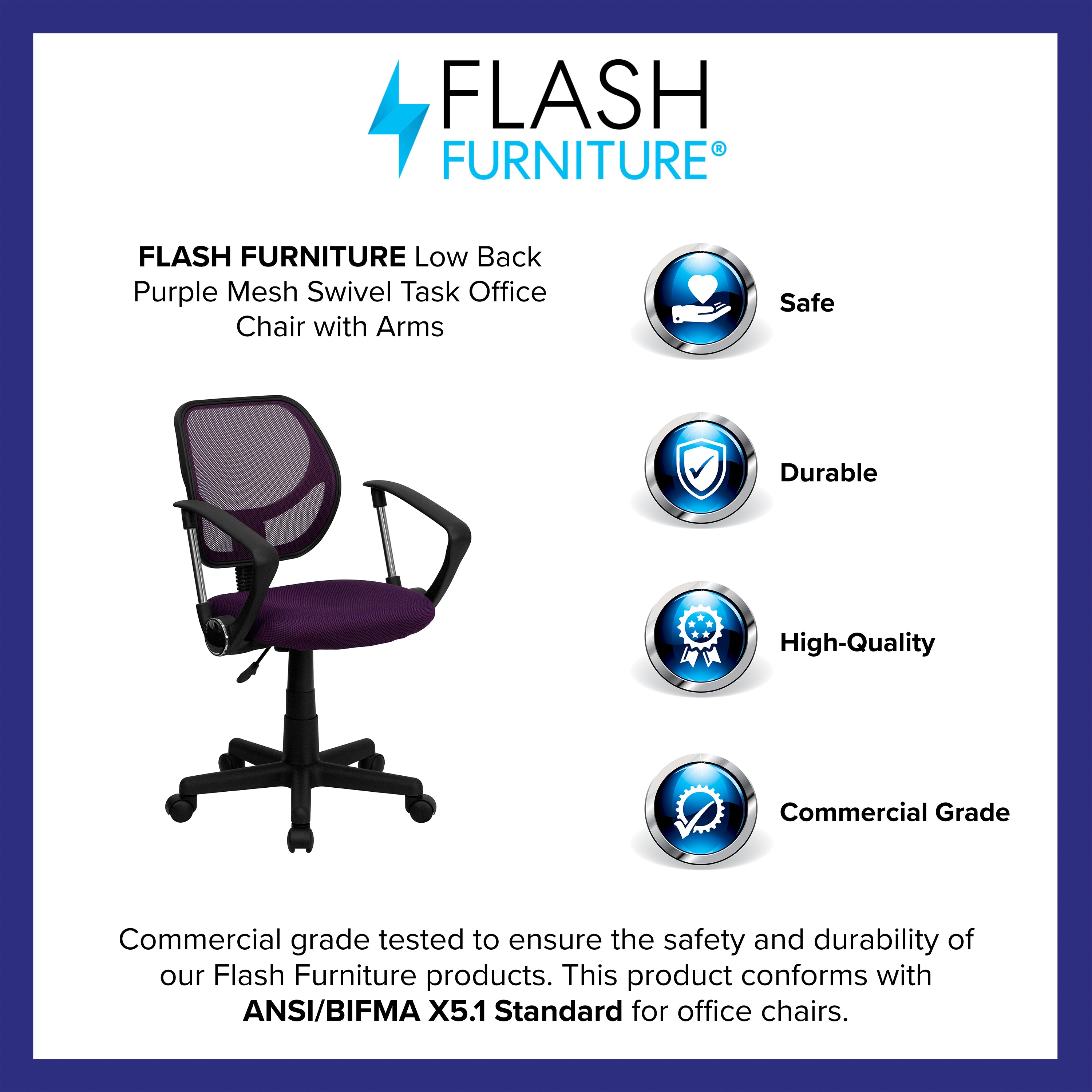 Neri Low Back Purple Mesh Swivel Task Office Chair with Arms