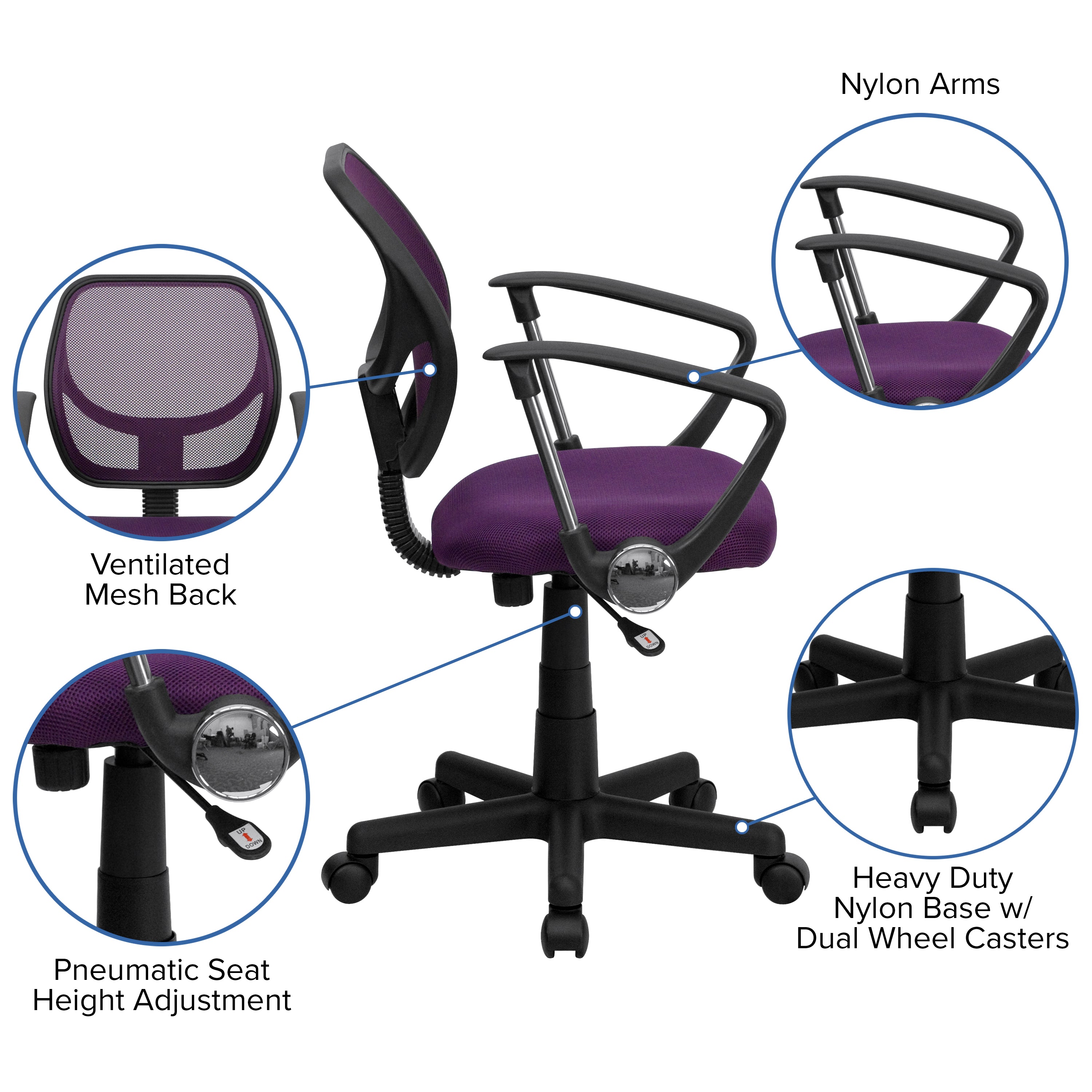 Neri Low Back Purple Mesh Swivel Task Office Chair with Arms