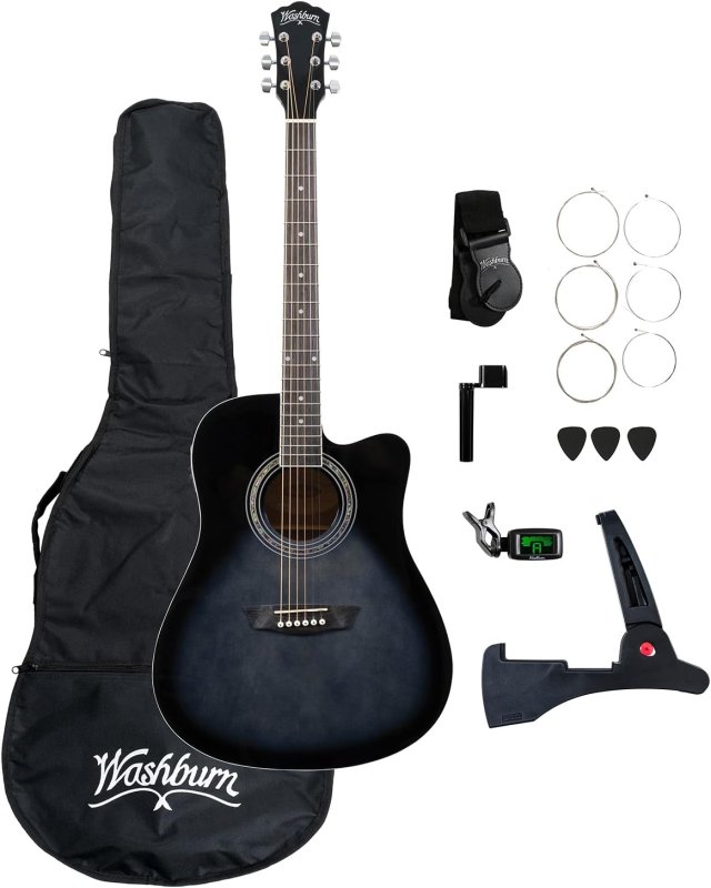 Washburn WA90CETBBPACK Learn & Play Pack Acoustic Electric Guitar Bundle, Transparent Black Burst
