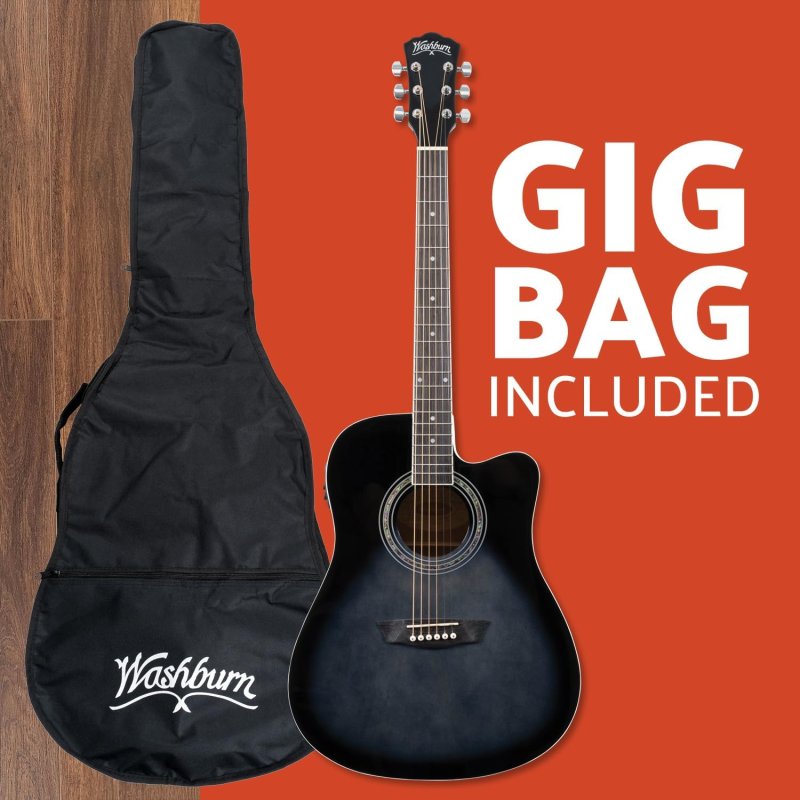 Washburn WA90CETBBPACK Learn & Play Pack Acoustic Electric Guitar Bundle, Transparent Black Burst