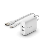 Belkin Dual USB-a Wall Charger (24W) + USB-a to USB-C Cable - White