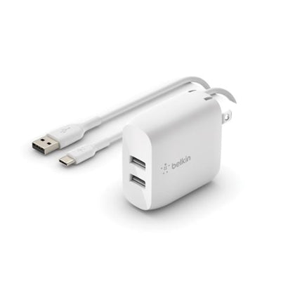 Belkin Dual USB-a Wall Charger (24W) + USB-a to USB-C Cable - White