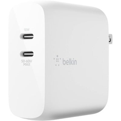 Belkin Dual Port USB C Charger Block 68W - GaN Fast Charging - Type C - USB-C PD Charge for Apple iPhone 17, Air, Samsung Galaxy S25, AirPods, iPad, Macbook Pro, Apple Watch, Nintendo Switch 2 - White