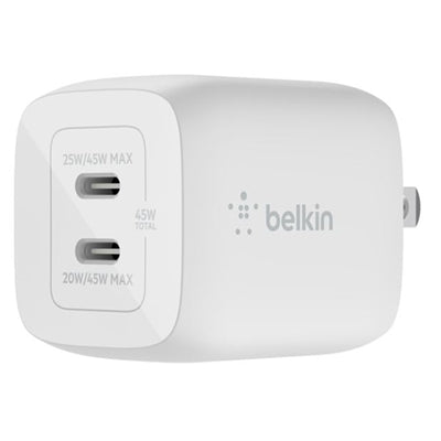 Belkin BoostCharge Pro Dual USB-C GaN Wall Charger with 45W + USB-C to USB-C Cable, 2m/6.6 Ft - White