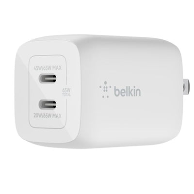 Belkin BoostCharge Pro Dual USB-C GaN Wall Charger with PPS 65W + USB-C to USB-C Cable - White