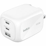 Belkin 100W GaN 3-Port USB Wall Charger - 1xUSB-a, 2xUSB-C - Foldable Prongs - Power Adapter - White - 100 W - White