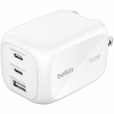 Belkin 100W GaN 3-Port USB Wall Charger - 1xUSB-a, 2xUSB-C - Foldable Prongs - Power Adapter - White - 100 W - White
