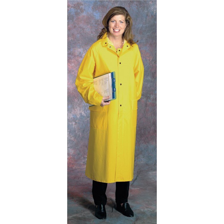 West Chester PVC Raincoat, 35ml PVC over Polyester, Length: 48" OAL, Color: Yellow, Snap front closures with storm flap, Two outside pockets with flaps, Vented cape back with storm flap, Detachable hood and Corduroy collar, Size: XX-Large
