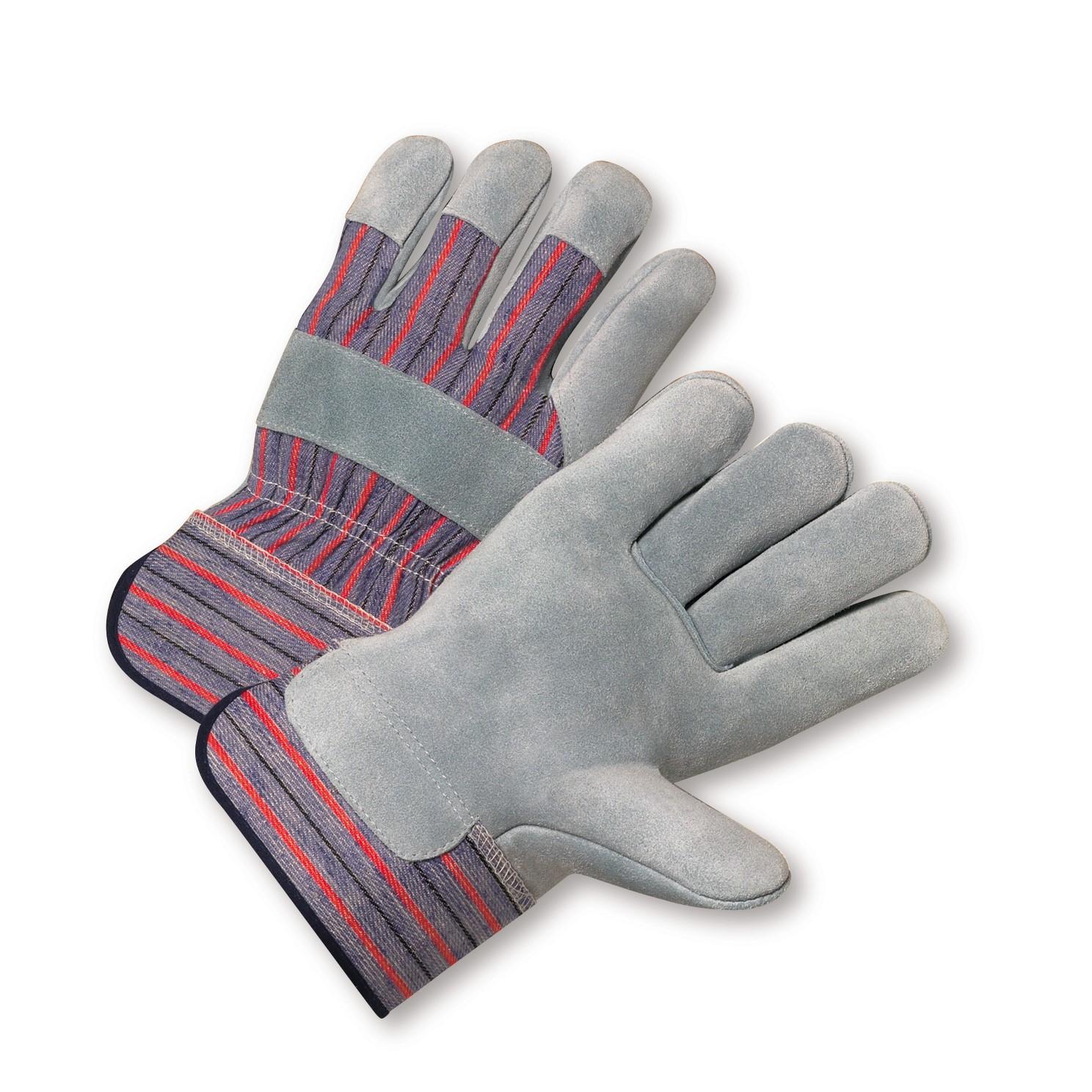 West Chester Leather Palm Safety Cuff Gloves: Single & Double Palm - "Select" Leather; Shoulder Leather Palm Rubberized Safety Cuff Glove - Blue/Red Fabric: XLarge
