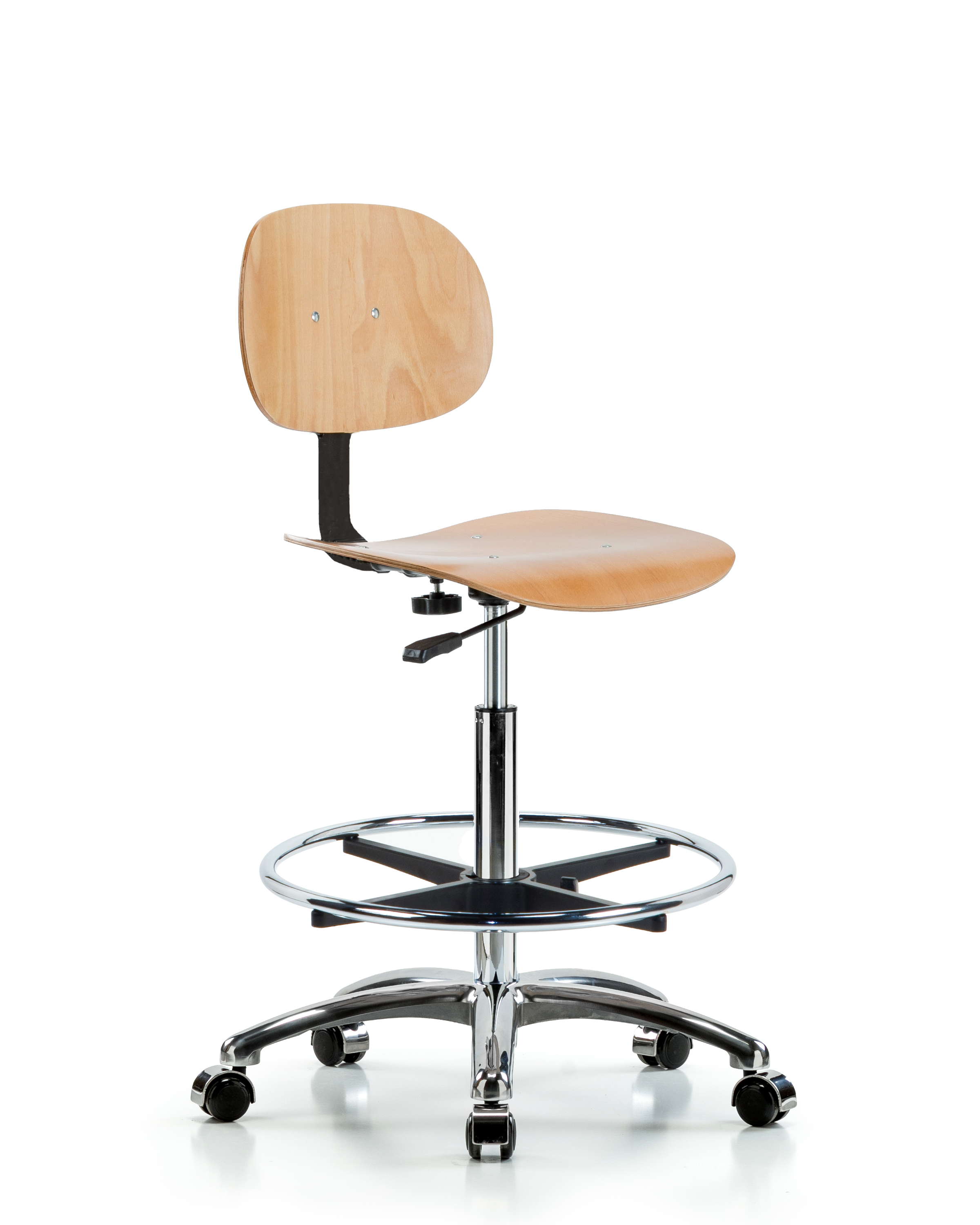Wood Chair Chrome - High Bench Height with Chrome Foot Ring & Casters